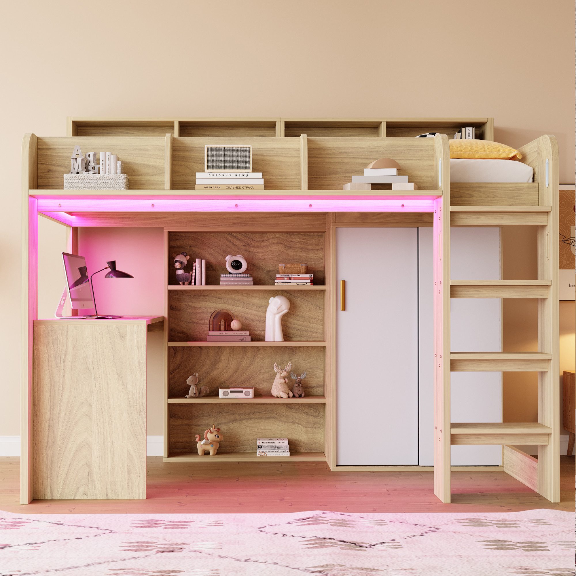 Flieks Hochbett viel Stauraum Kinderbett 90×200cm Kleiderschrank Schreibtisch Lichtleiste Aufladen
