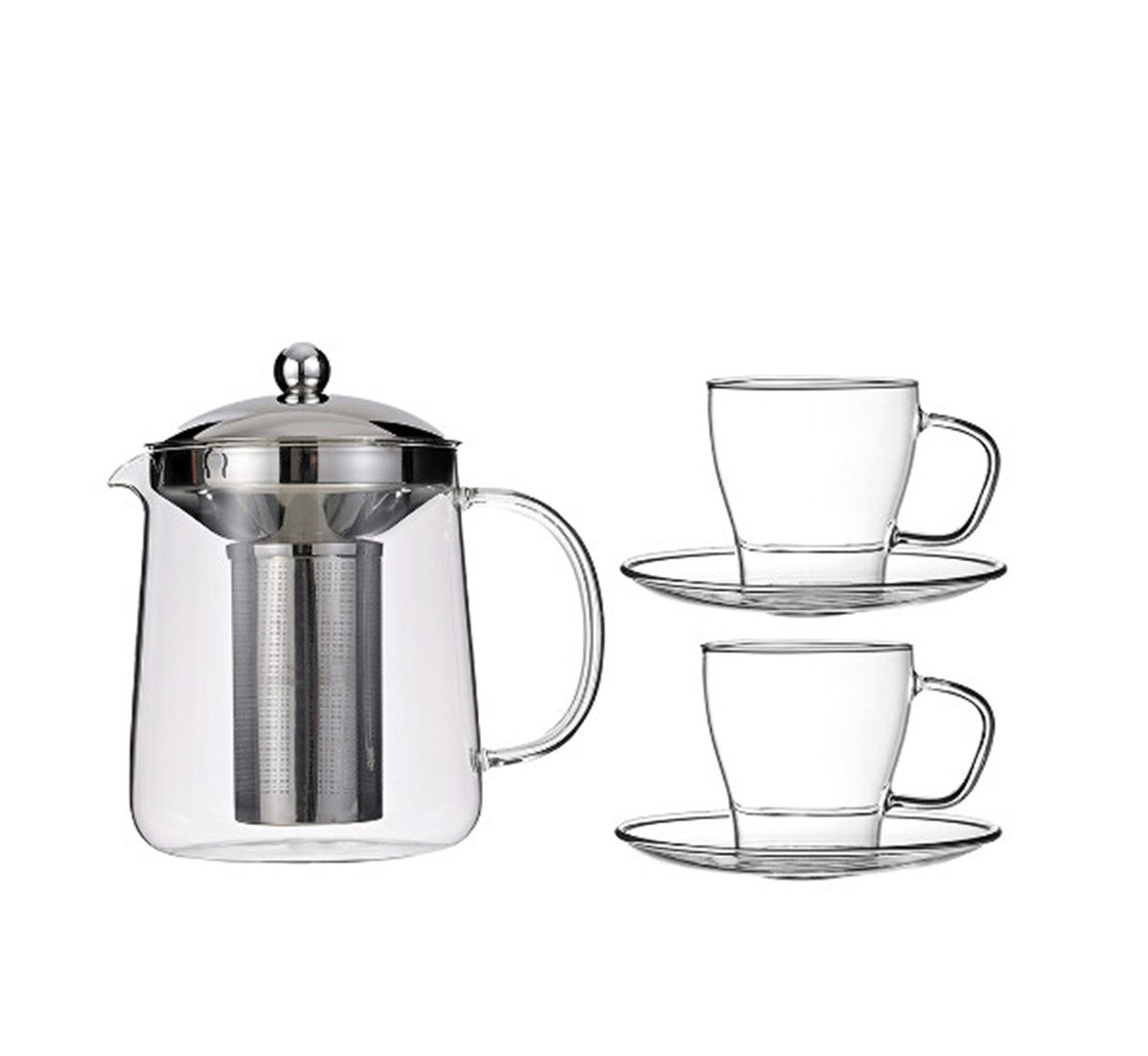 Schäfer Elektronik Teekanne Nisa Glasteekannen-Set 1200 ml - 2 Gläser mit Untertellern, 1200 l, (1-St), aus Borosilikatglas, Spülmaschinengeeignet