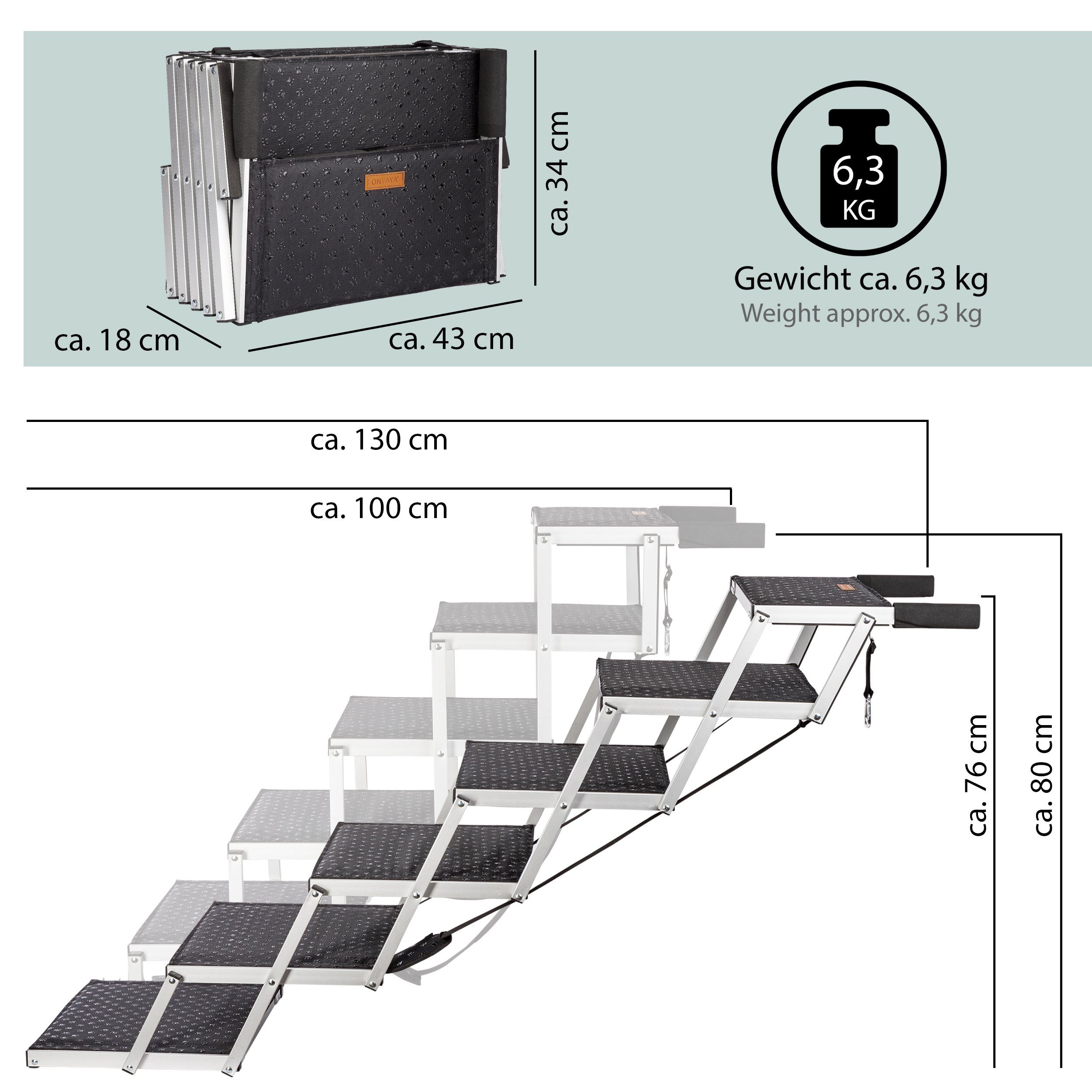 ONVAYA Hunderampe Hundetreppe faltbar, 5 Stufen, 6 Stufen, Hunderampe, Aluminium, faltbare Hundetreppe