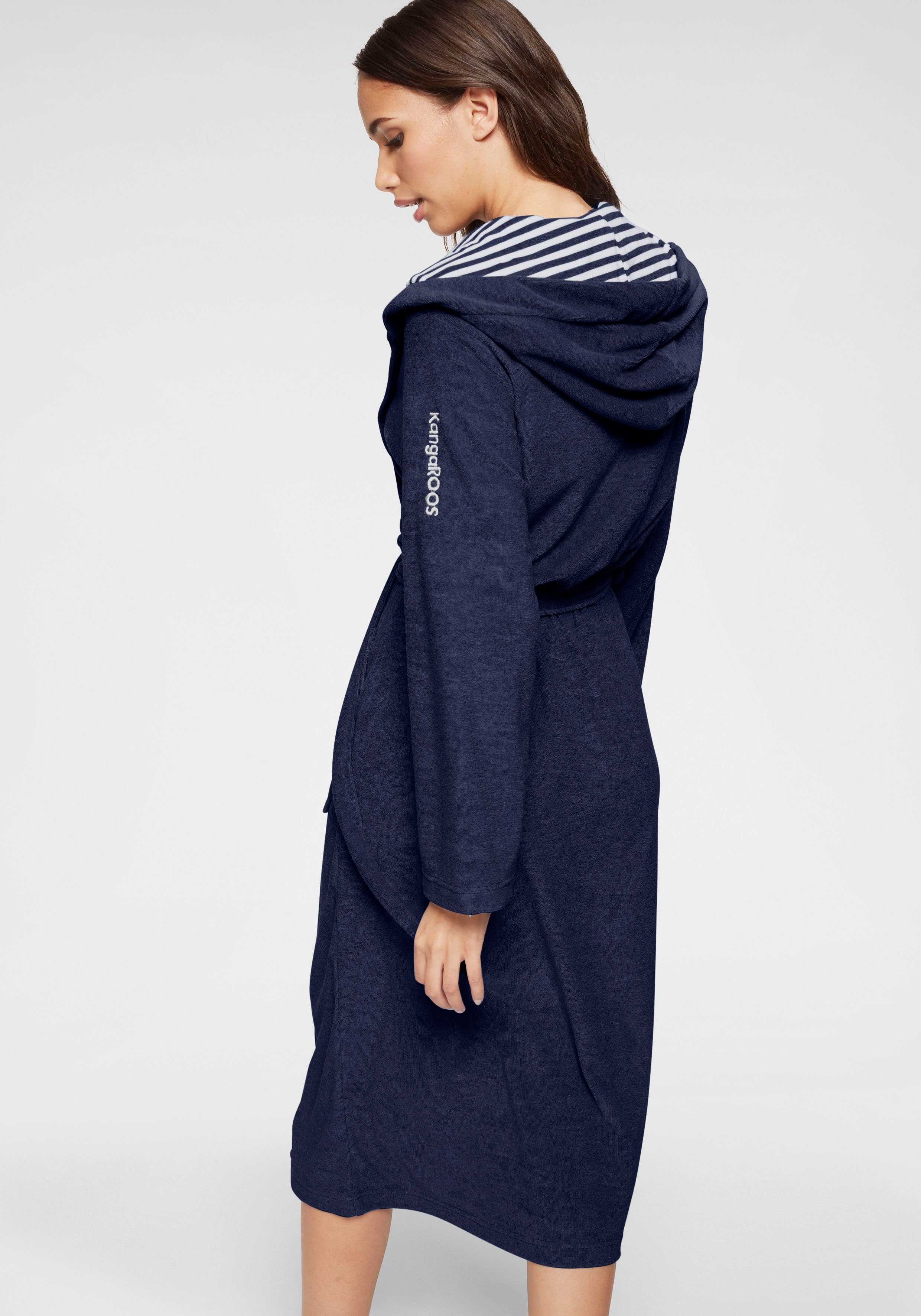 KangaROOS Damenbademantel Dalia, ideal für Sauna & Spa, Standardlänge & Überlänge, Langform, Leichtfrottier, Kapuze, Gürtel, Uni-Farben mit Streifen, Taschen, leicht, XS-3XL, auch in extra lang