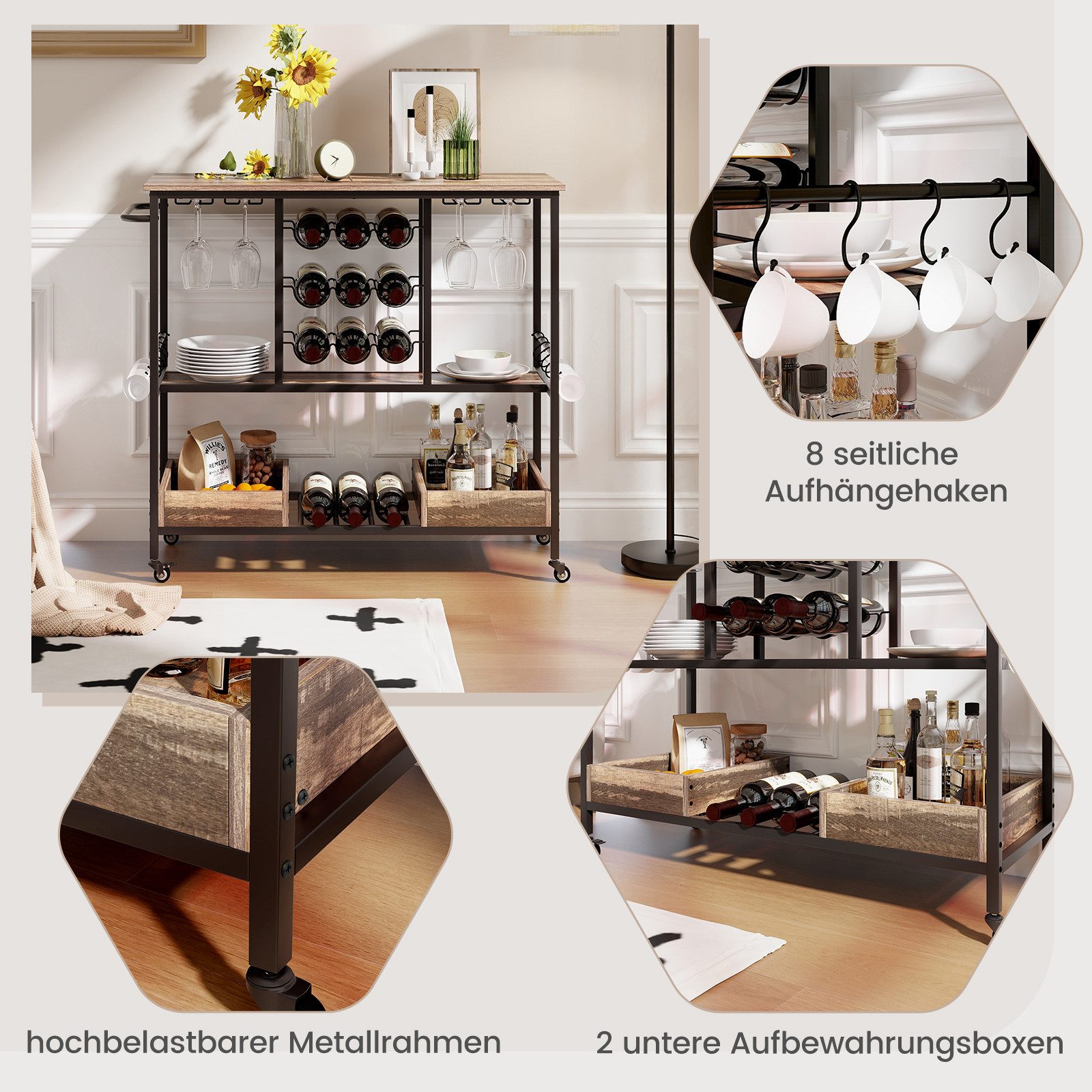 COSTWAY Servierwagen, Küche, mit Rollen, Glashaltern, günstig online kaufen