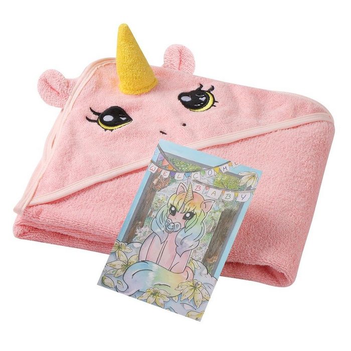 Corimori Badetuch Baby Kapuzenbadetuch mit Grußkarte Geschenk-Set Baumwolle (1-St) Rosa Einhorn Handtuch mit Kapuze Badetuch Baumwolle