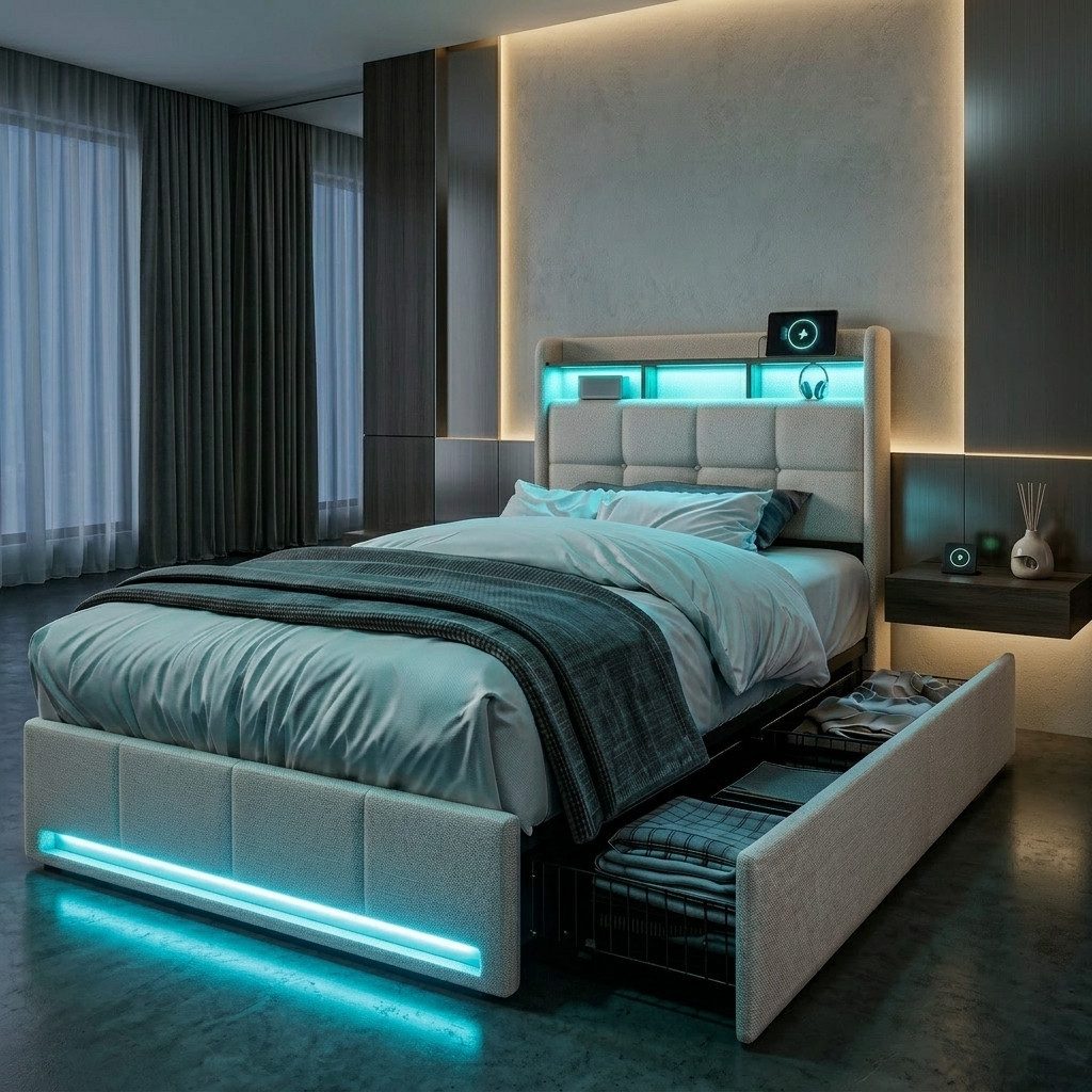 PXloue Polsterbett LED Doppelbett Stauraumbett, mit USB-Laden und Stauraum am Kopfteil,Leinen,90x200 cm