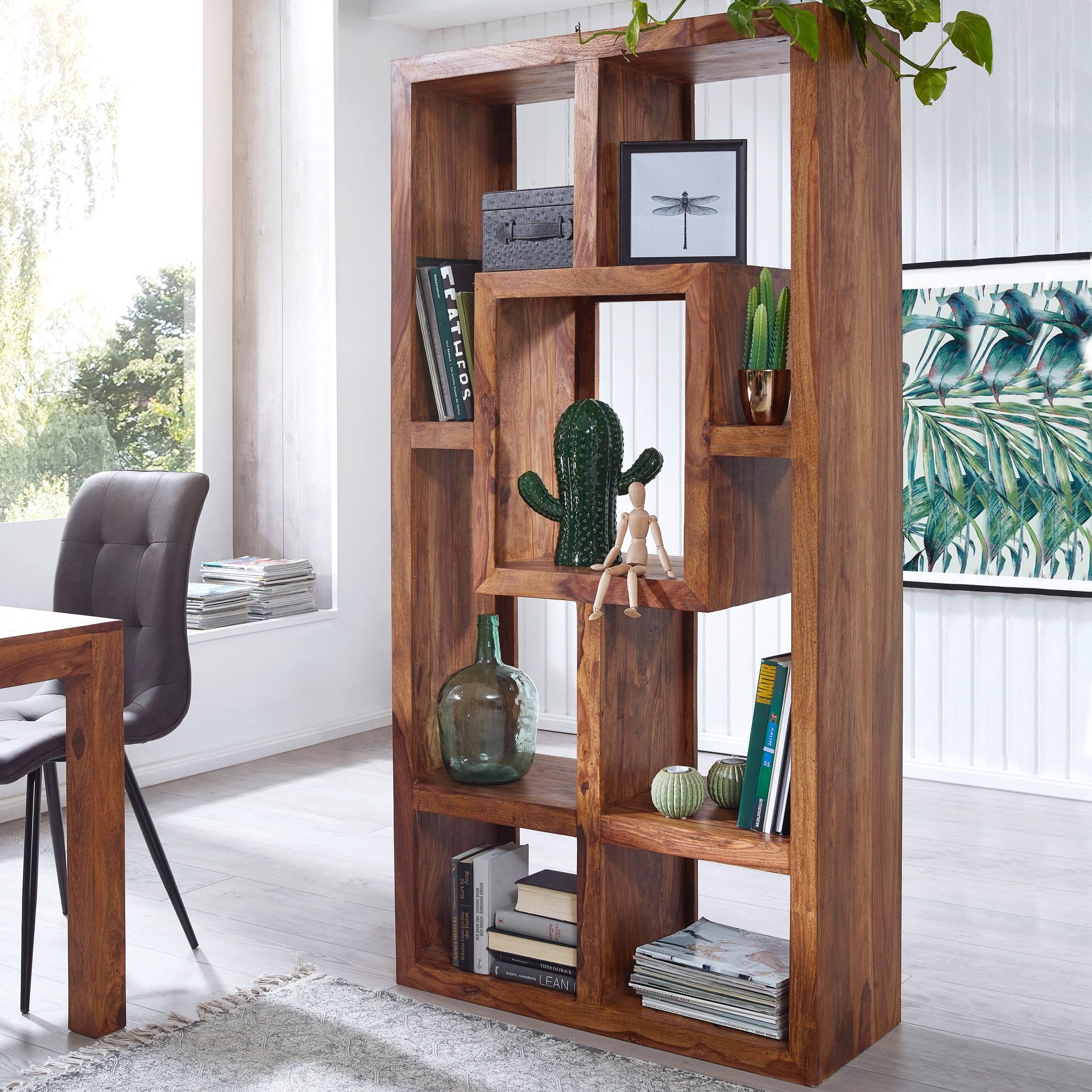 FINEBUY Bücherregal FB37152, Sheesham Massivholz 180x90x35 cm mit 7 Ablagen, Großes Standregal, Holzregal Natur Rustikal