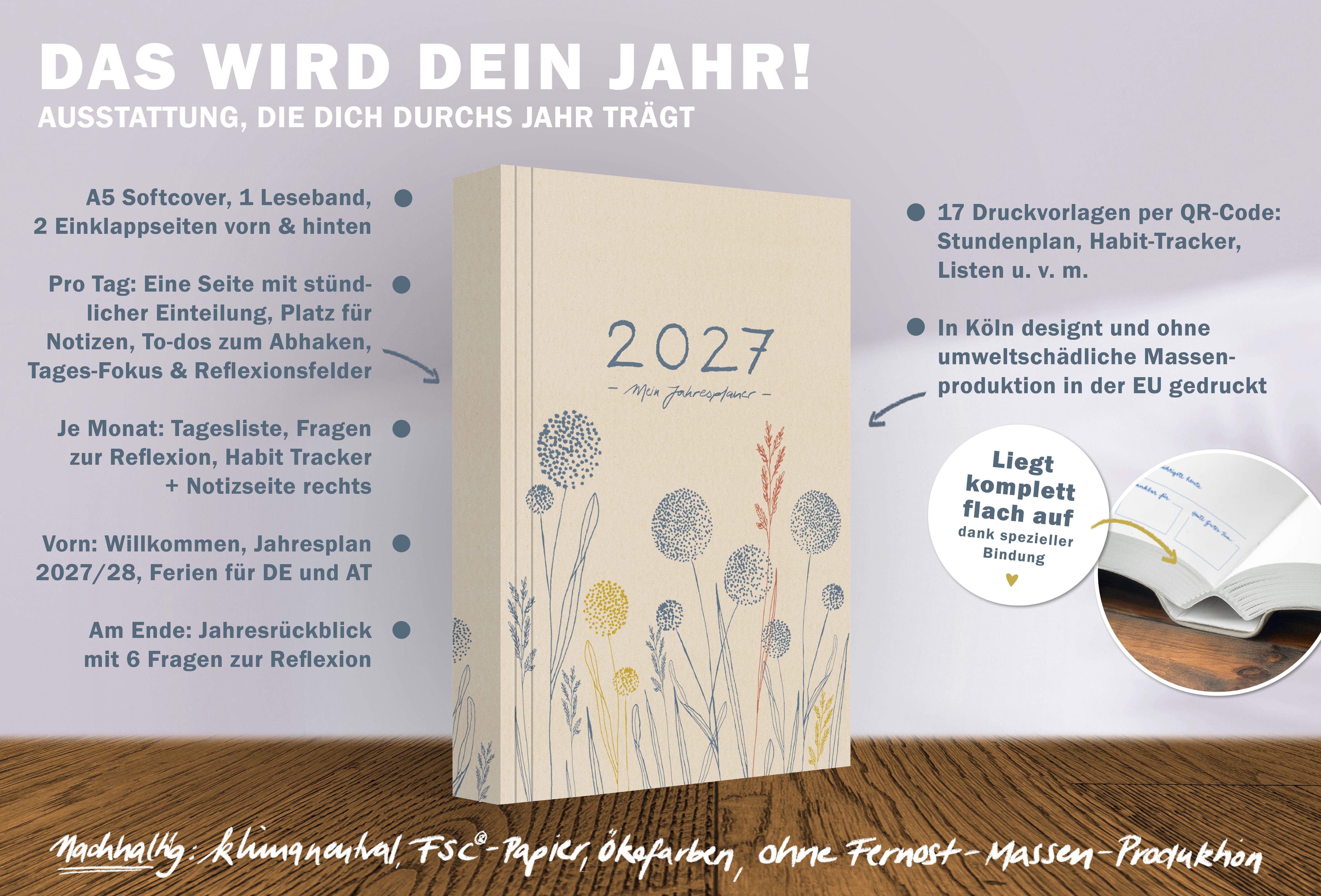 Eine der Guten Verlag Terminkalender Terminkalender Terminplaner 2027 - 365 gute Tage A5, Creme Blau, 1 Seite/ Tag, 408 S. FSC-Papier, Softcover, klimaneutral – Bild 3 von 5