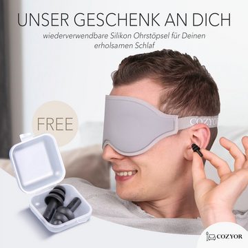 Cozyor Schlafmaske 100% Blackout-Effekt 3D Augenmaske mit ergonomischem Design, Reiseset klein & kompakt hellgrau Moonlight, 2-tlg., Schlafmaske mit wiederverwendbaren Ohrstöpseln, extra Polsterung und variable Passform