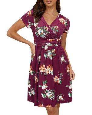 B.X Sommerkleid Damen Kleider Lose Blumenkleider Kurzarm Sommerkleider Cocktailparty Bedrucktes Kleid mit V-Ausschnitt geblümtes MidiWickelkleid mit Tasche