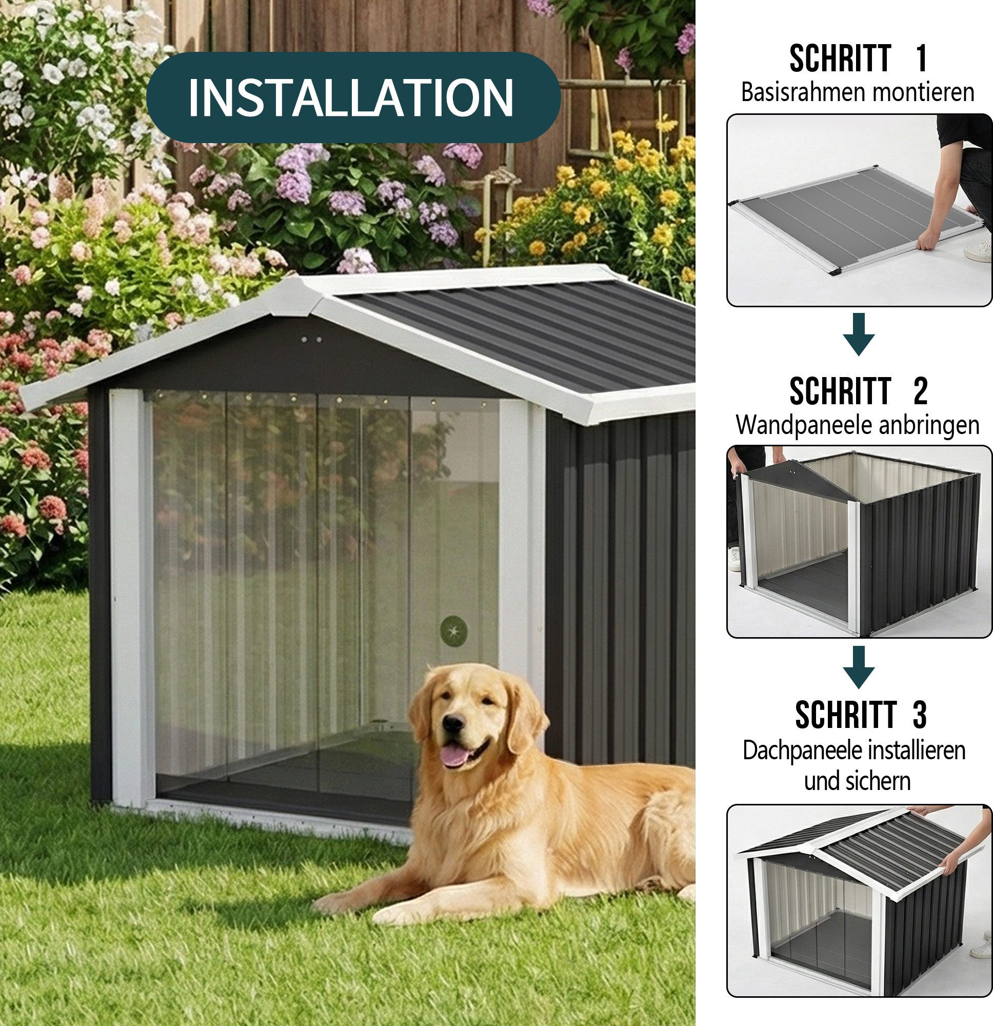 Blossom Hundehütte Hundehütte Outdoor 102×91×84,7 cm Wetterfeste Metall-Hundehütte, UV-Schutz, Belüftung, wasserdicht, Hundehütte für Garten, Terrasse