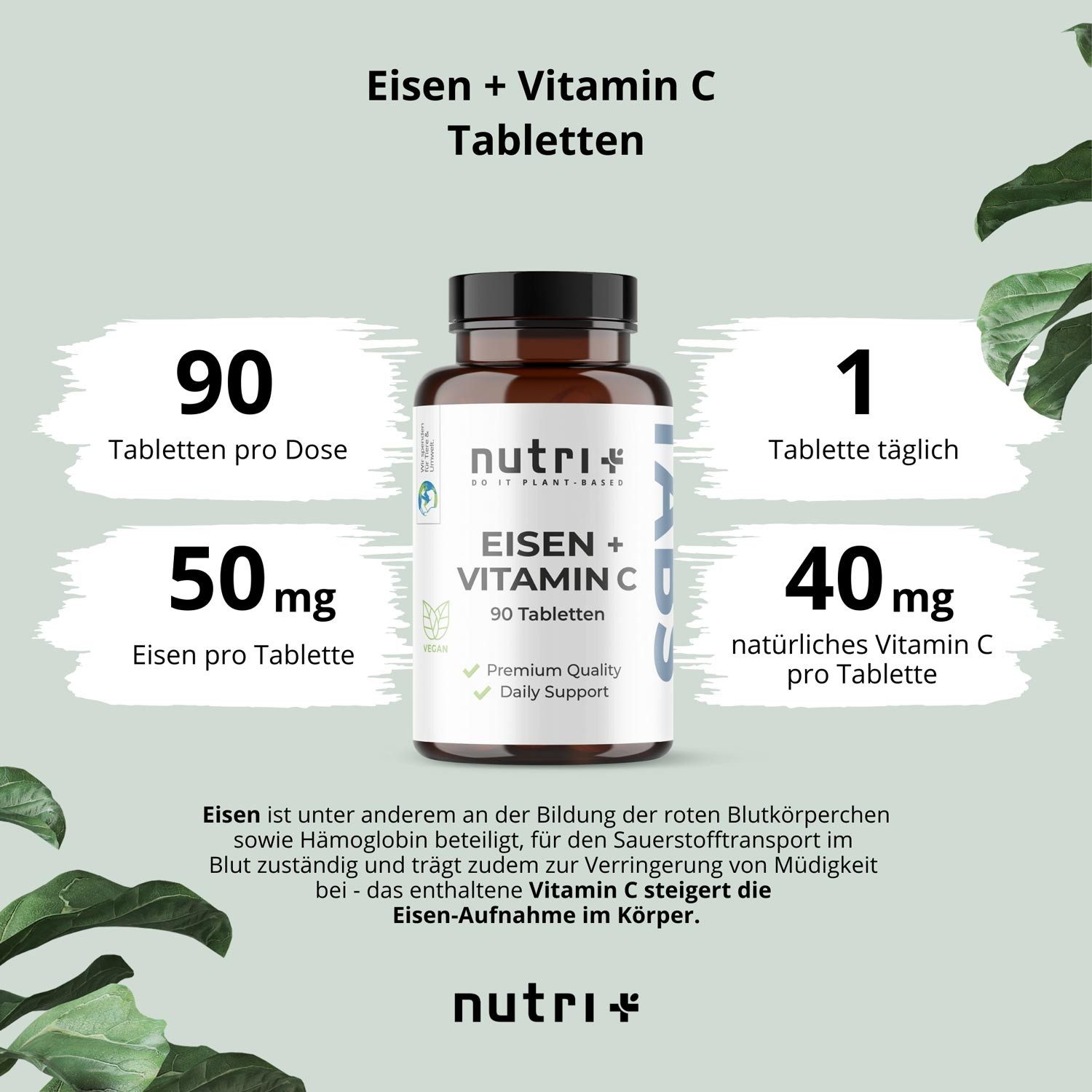 nutri+ Eisen Tabletten + Vitamin C - 50mg Kapseln