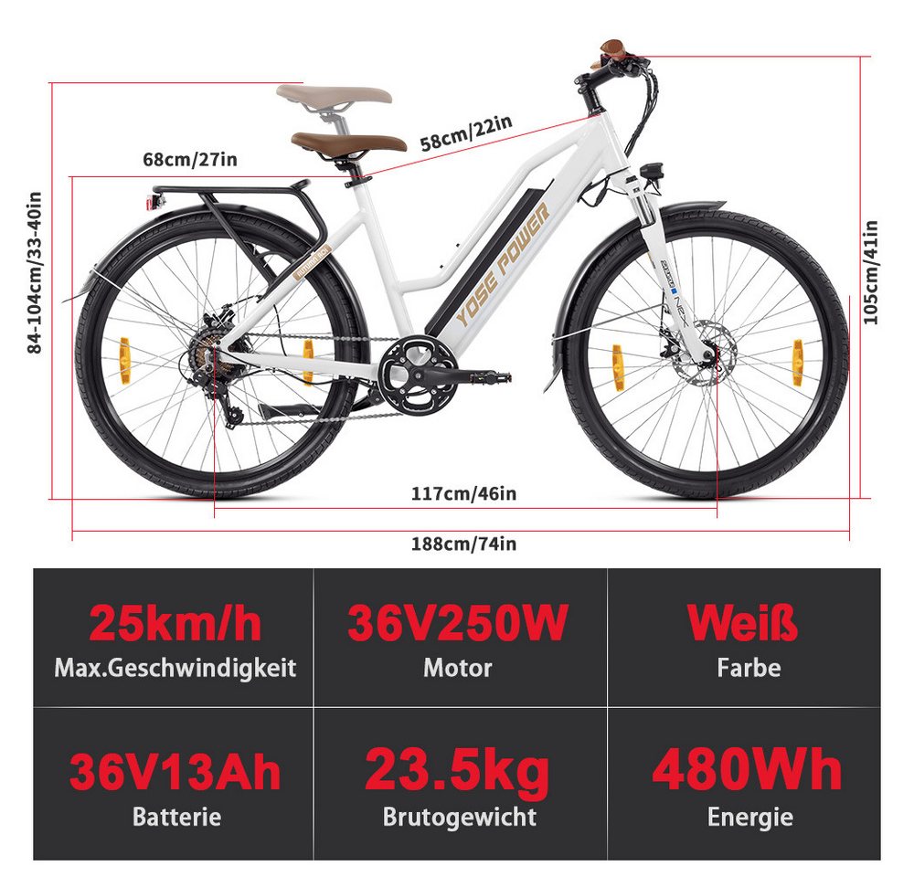 Thumbnail - YOSE POWER E-Bike Cityrad 27,5 Zoll City Bike Elektrofahrrad & 36V 13Ah Akku, Drehmoment Sensor, 7 Gang SHIMANO, Kettens...