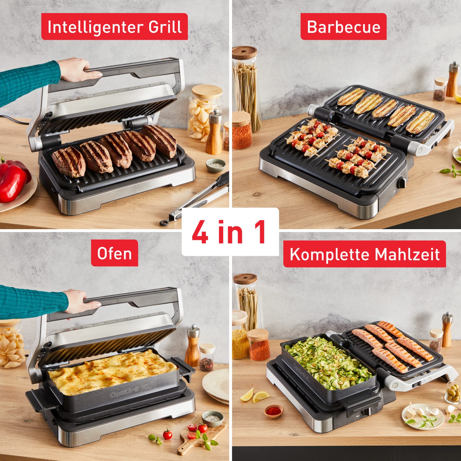 Tefal Kontaktgrill OptiGrill 4in1 XL, Grill/Barbeque/Backofen/komplette Mahlzeit, 2200 W, für bis zu 8 Personen, spülmaschinenfeste Platten und Schalen, GC784D