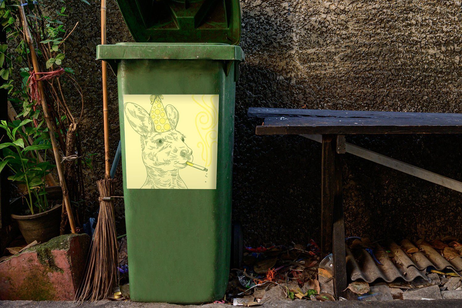 MuchoWow Wandsticker eines (1 verrückte Mülltonne, Eine rauchenden Sticker, Illustration St), wilden Kängurus Container, Mülleimer-aufkleber, Abfalbehälter