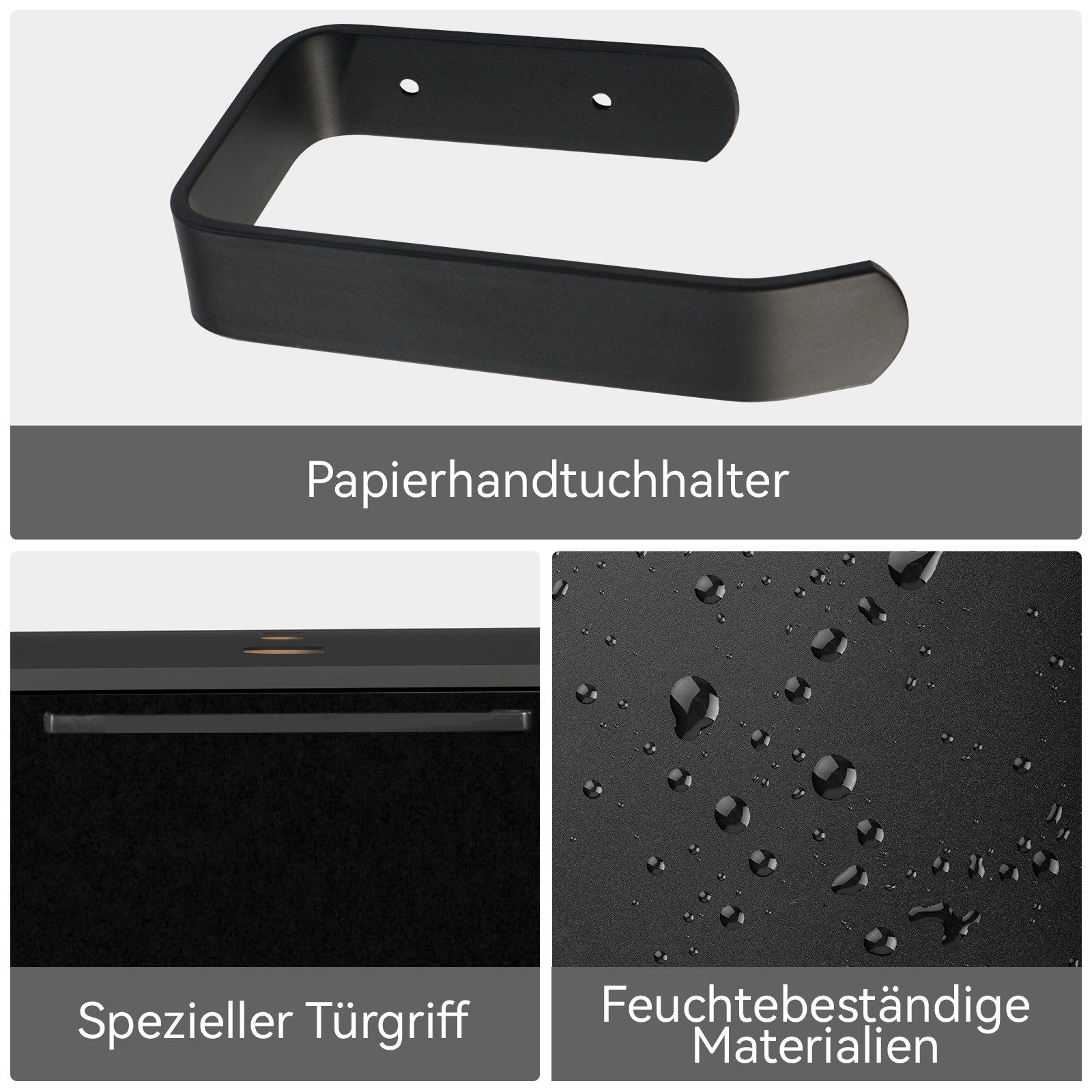 Puluomis Waschbeckenunterschrank 60cm mit 1 Handtuchring 1 Klopapierhalter ohne Spiegel (Set, Unterrschrank/ Wandschrank, Unterschrank, Waschbecken Set) Schwarz – Bild 4 von 5