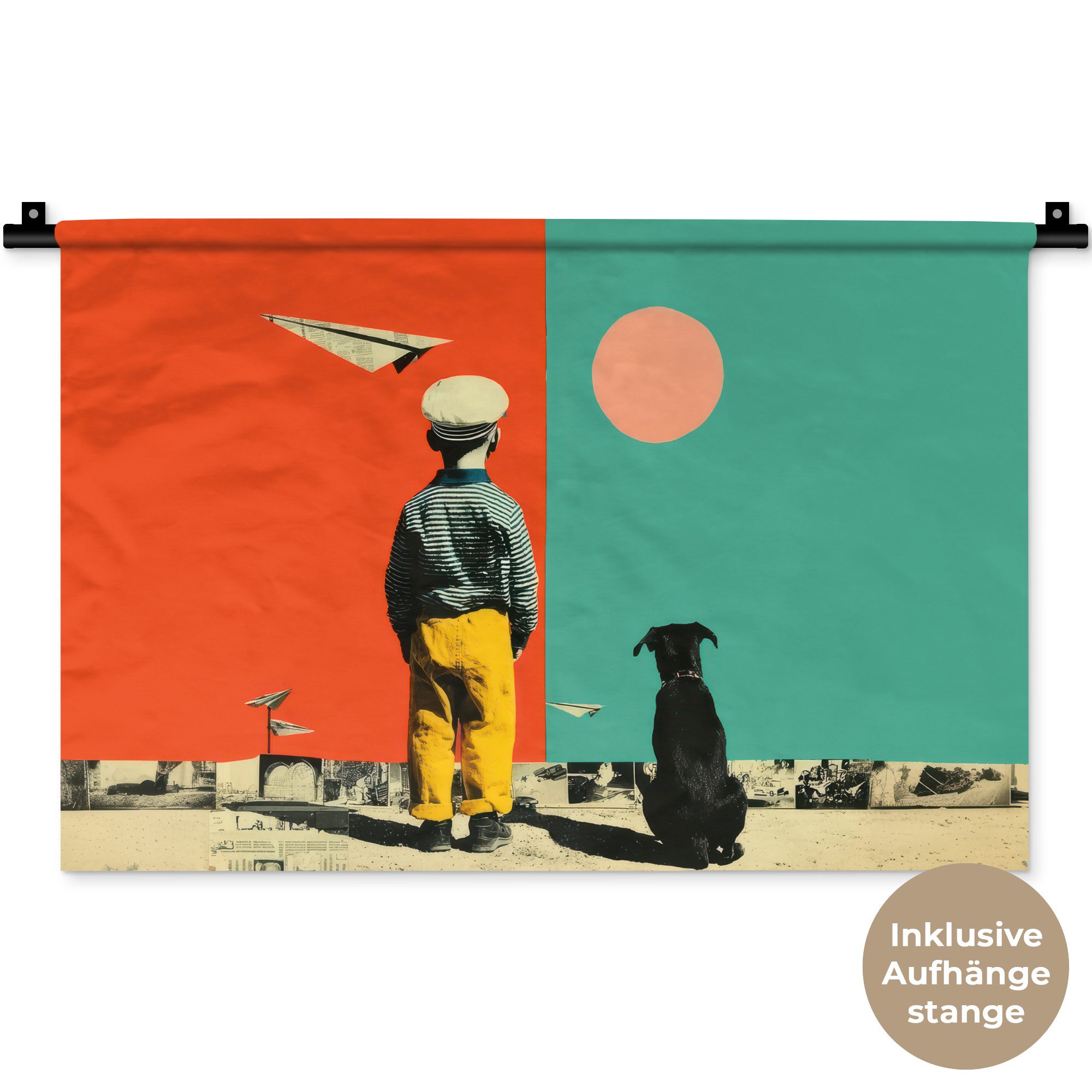 MuchoWow Wandteppich Retro - Junge - Hund - Rot - Grün, Rechteckig, Höhe: 3 mm, Wandteppich für Wohnzimmer, Schlafzimmer, 60x40 cm