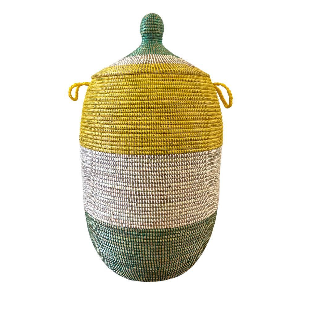 maishameanslife Wäschekorb Senegal XXL - Bold Stripes - Grün/Gelb, Handgeflochtener Wäschekorb aus traditionellem Kunsthandwerk