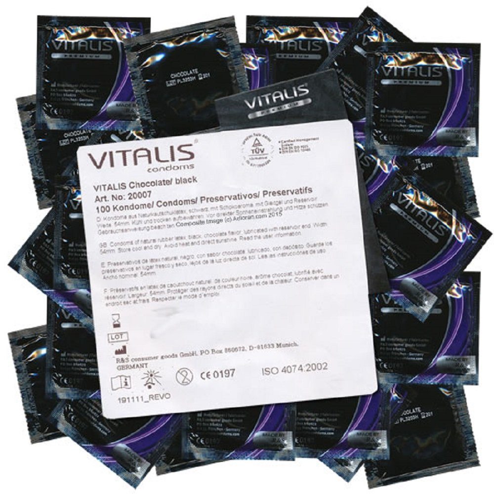 PREMIUM VITALIS für Kondome und Oralverkehr Vitalis zuverlässig, schwarze im Gebrauch St., 100 mit, sicher Kondome Kondome «Chocolate» angenehm Packung Schoko-Aroma, mit