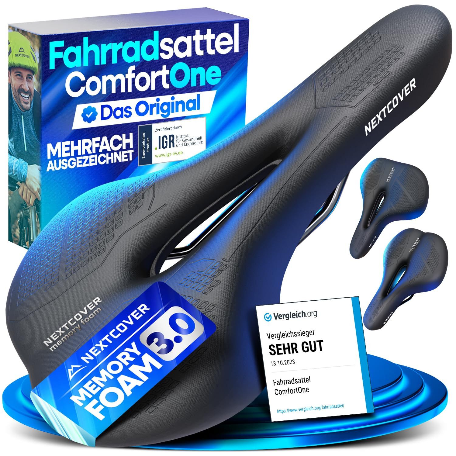 Nextcover Fahrradsattel ComfortOne Memory Foam & Entlastungskanal, für E-Bike, Damen & Herren