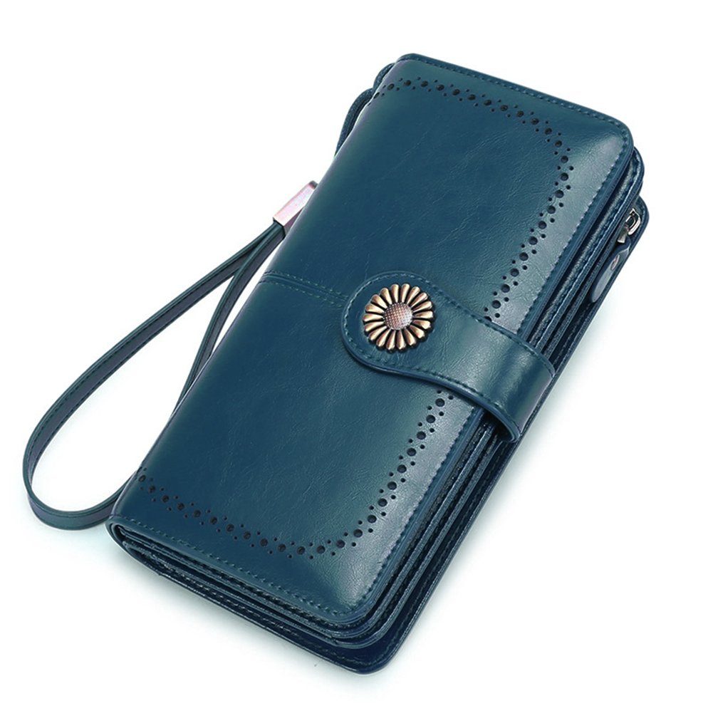 Mnöpf Brieftasche Damen Leder Brieftasche mit Reißverschluss,mehrere Fächer Vintage lang Grün