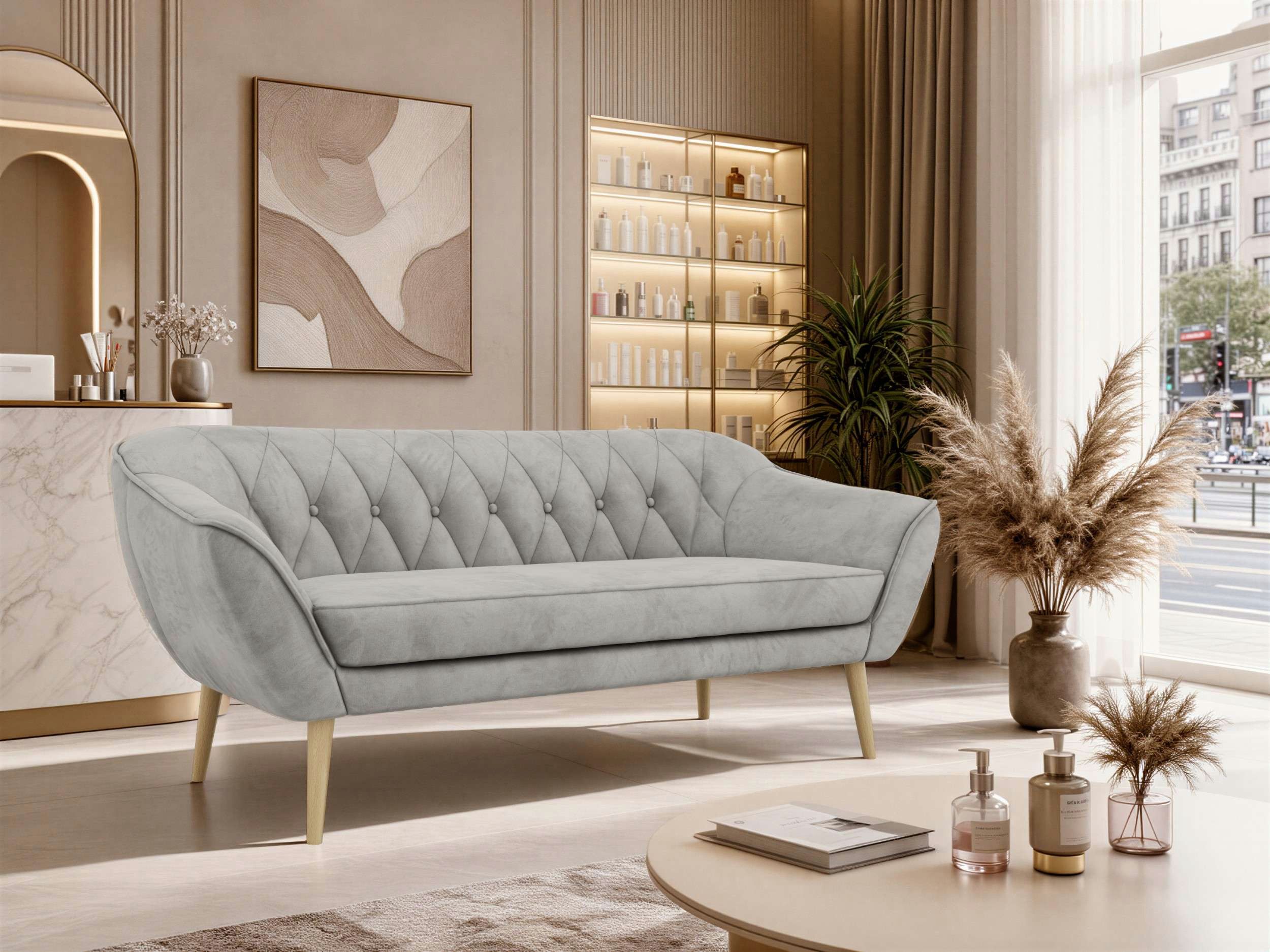 MKS MÖBEL Sofa PIRS, 3-Sitzer, Design mit Steppung, Wellenfederung, Scandi-Design, Füße wählbar