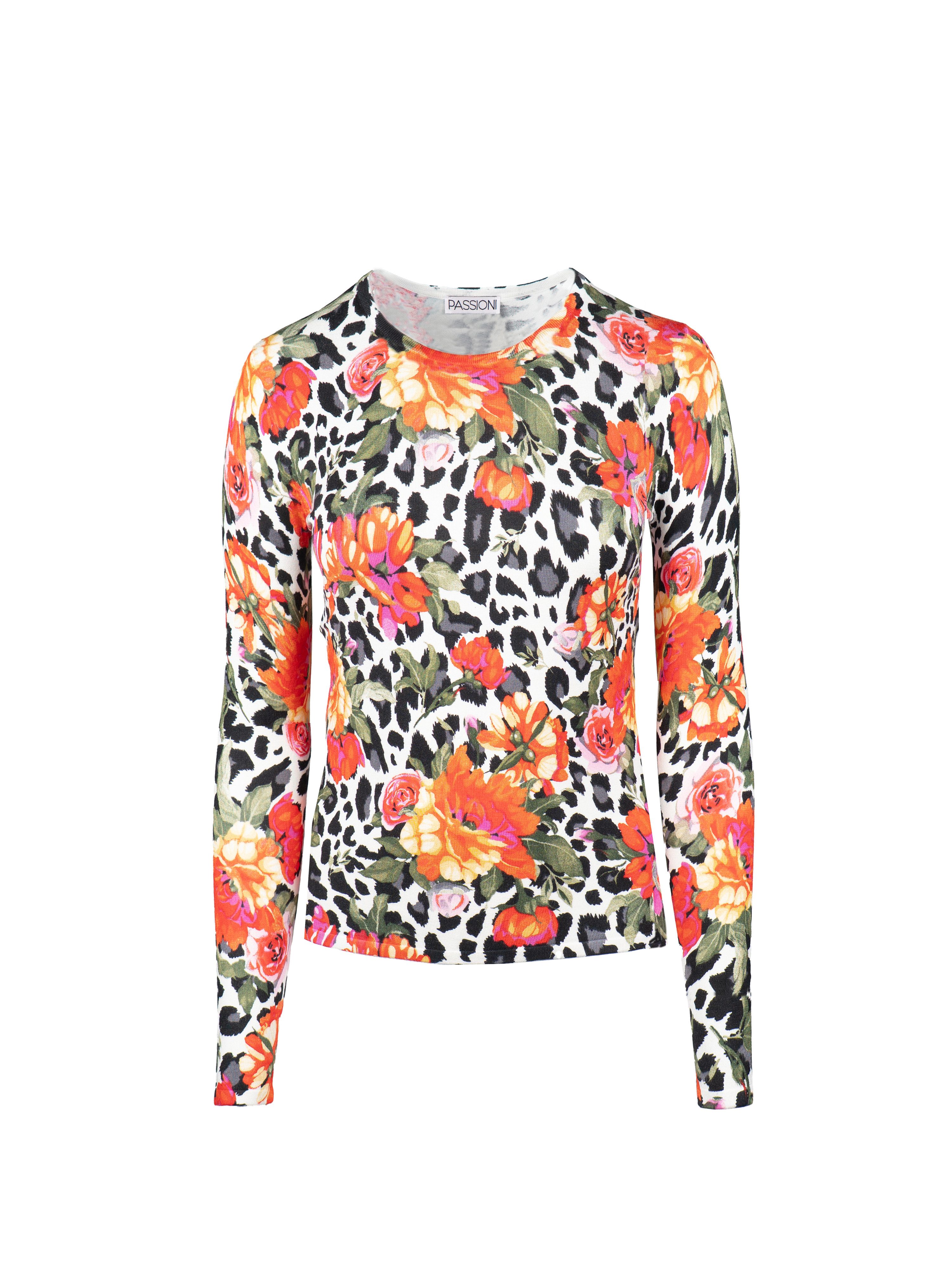 Passioni Strickpullover mit schwarzweißem Leopardenmuster und roten Blüten günstig online kaufen