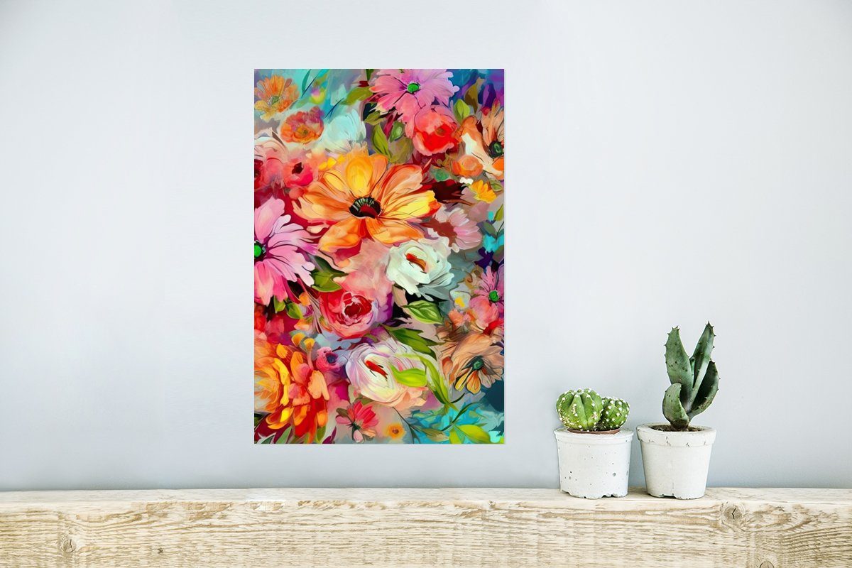 MuchoWow Poster Blumen - Rahmen - Ölgemälde, Wohnzimmer, St), Ohne Wandbild, für Farbenfroh (1 - Wandposter Poster, Kunst
