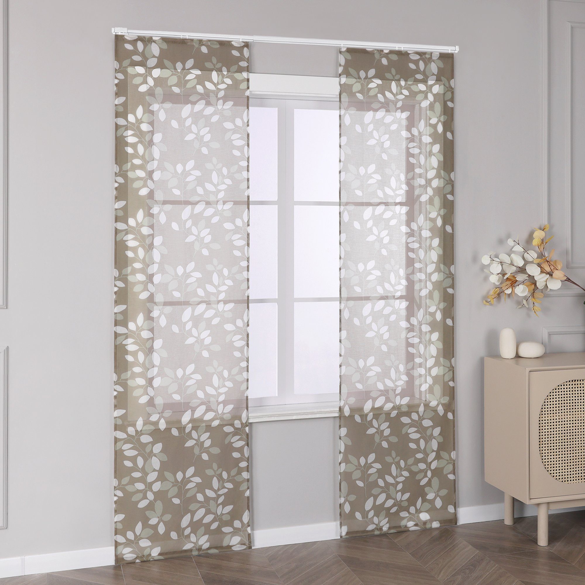 Joyswahl Schiebegardine Florales (2 St), Klettband, halbtransparent, Mikrofaserqualität, Landhausstil Fertiggardine, mit Befestigungsyubehör, Blatt