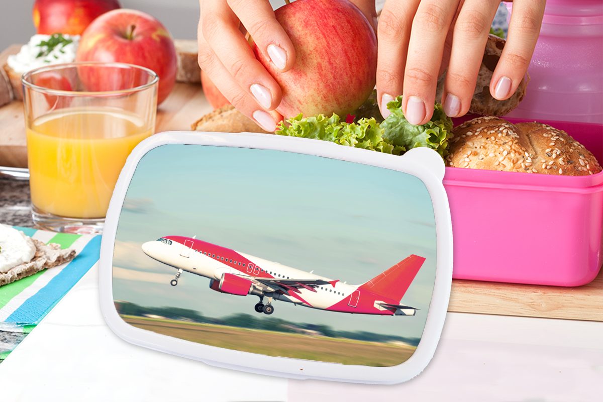 Flugzeug Schiphol, Erwachsene, Lunchbox Kinder, Kunststoff (2-tlg), Rotes Snackbox, weißes Kunststoff, in Brotdose rosa Brotbox für Mädchen, und MuchoWow