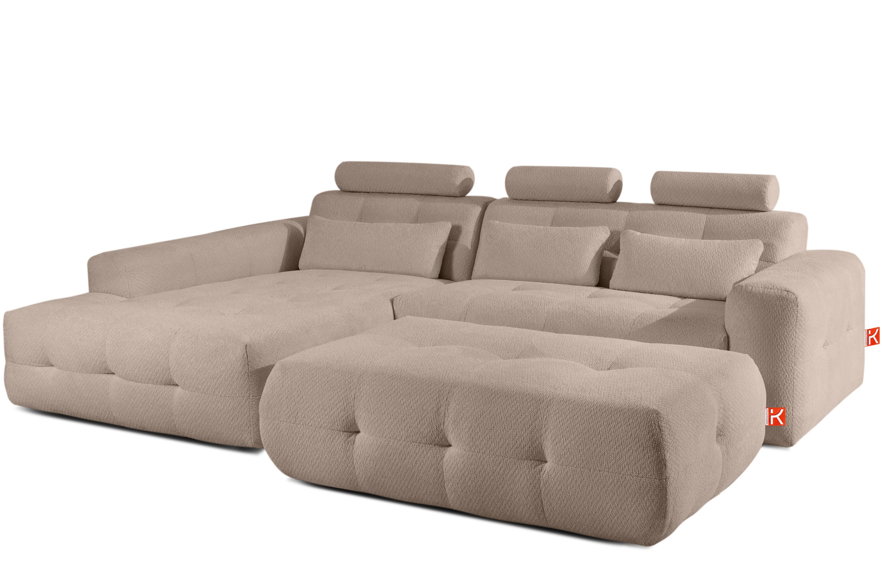 KONSIMO® Polstergarnitur ALIGRA Ecksofa mit Polsterhocker, Premiumqualität aus EU, (1x Hocker, 1x Ecksofa, 2-tlg), inklusive Lendenkissen, mit verstellbaren Kopfstützen, Strukturstoff