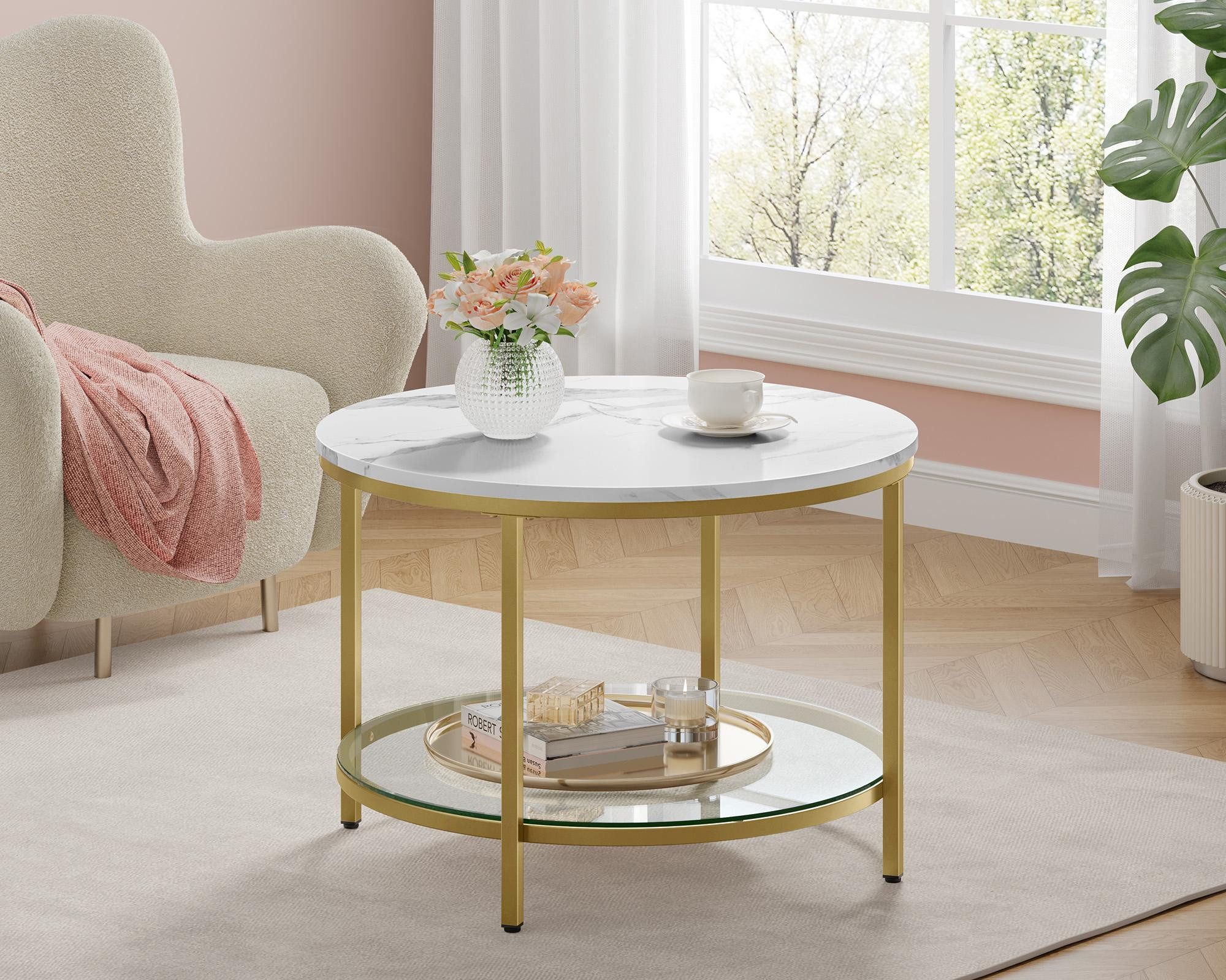 VASAGLE Couchtisch Wohnzimmertisch rund, klein, marmor (inkl. Zubehörpaket & Anleitung), für Wohnzimmer, einfacher Aufbau, moderner Stil, mit Glasplatte