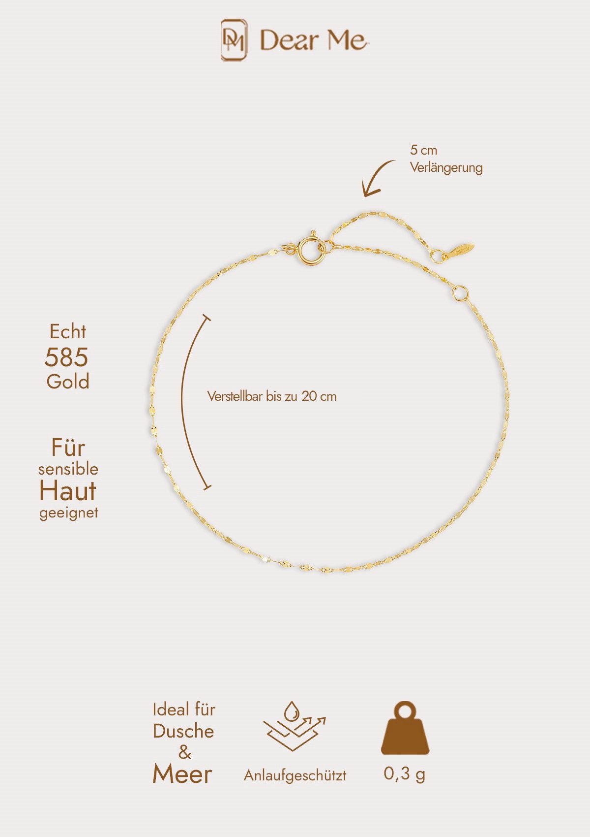 Dear Me Goldarmband Schimmer Rolo, Armband 585 Gold, Massiv Echtgold Damen Gliederarmband, Verstellbar 15–20 cm