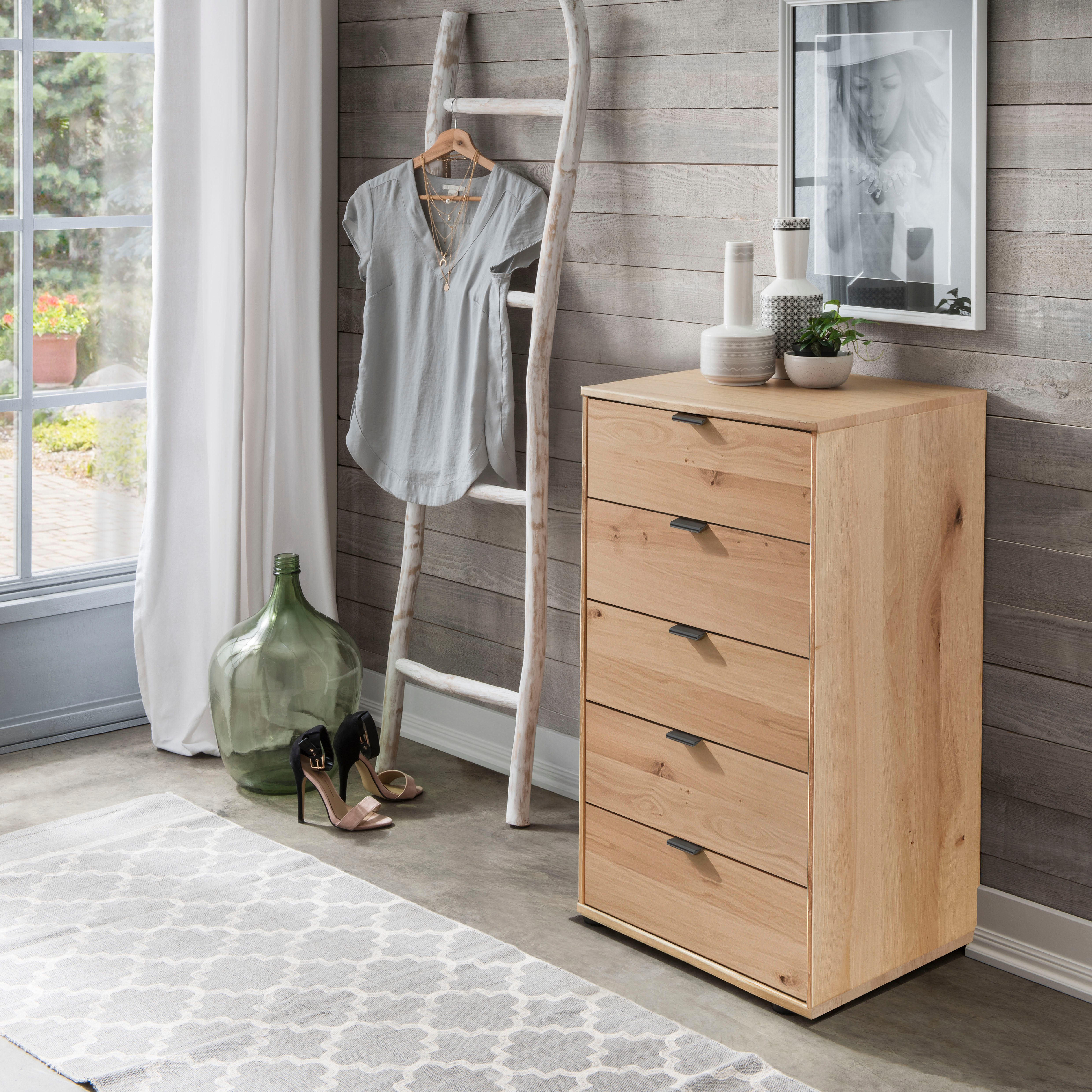 WIEMANN Schubkastenkommode Cardiff Sideboard, Wäscheschrank, teilmassiv Bianco-Eiche, Schubladen (Glas- oder Massivholzfront, verschiedene Breiten, MADE IN GERMANY), Schubkästen inklusive Selbsteinzug und Dämpfung