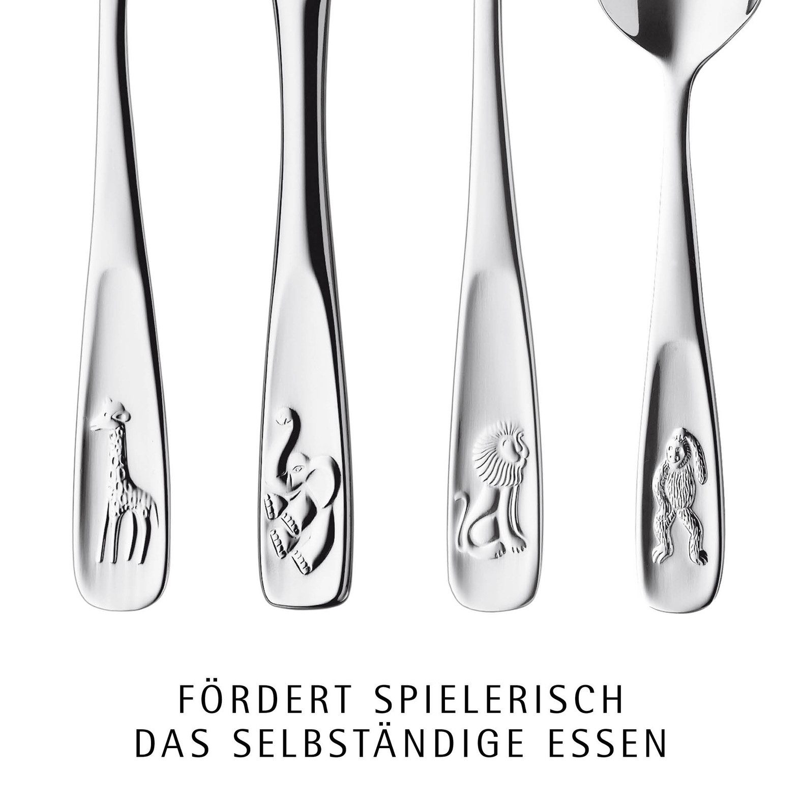 WMF Kinderbesteck Tiere (4-tlg), 1 Personen, Cromargan® Edelstahl Rostfrei 18/10, Kindermesser mit leichtem Wellenschliff