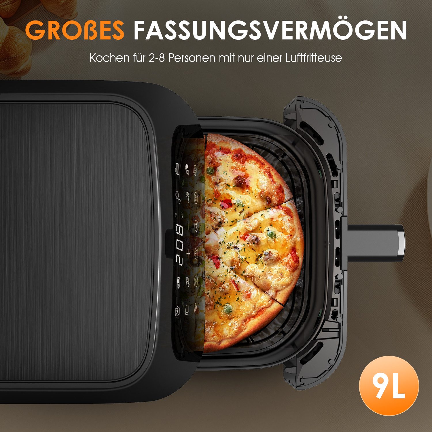 oyajia Heißluftfritteuse 10L Heißluftfritteuse aus Edelstahl, 2 Heizelementen, 12 Automatikprogramme, Sichtfenster, Touch Bedienfeld, LED Anzeige, 1800 W, Tempe – Bild 2 von 5
