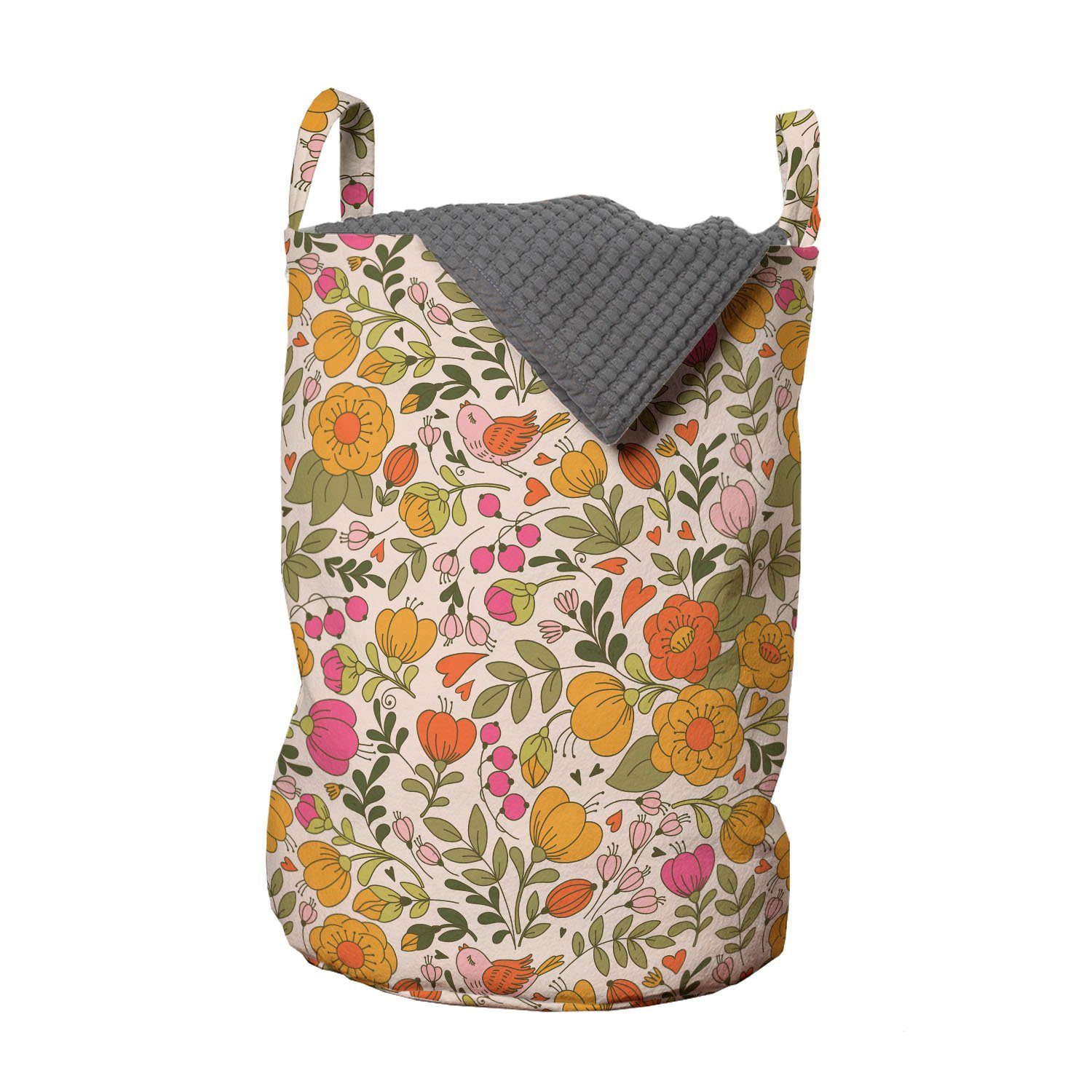 Abakuhaus Wäschesäckchen Wäschekorb mit Griffen Kordelzugverschluss für Waschsalons, Blumen Frühlings-Thema Blumen Vögel | Wäschesäcke