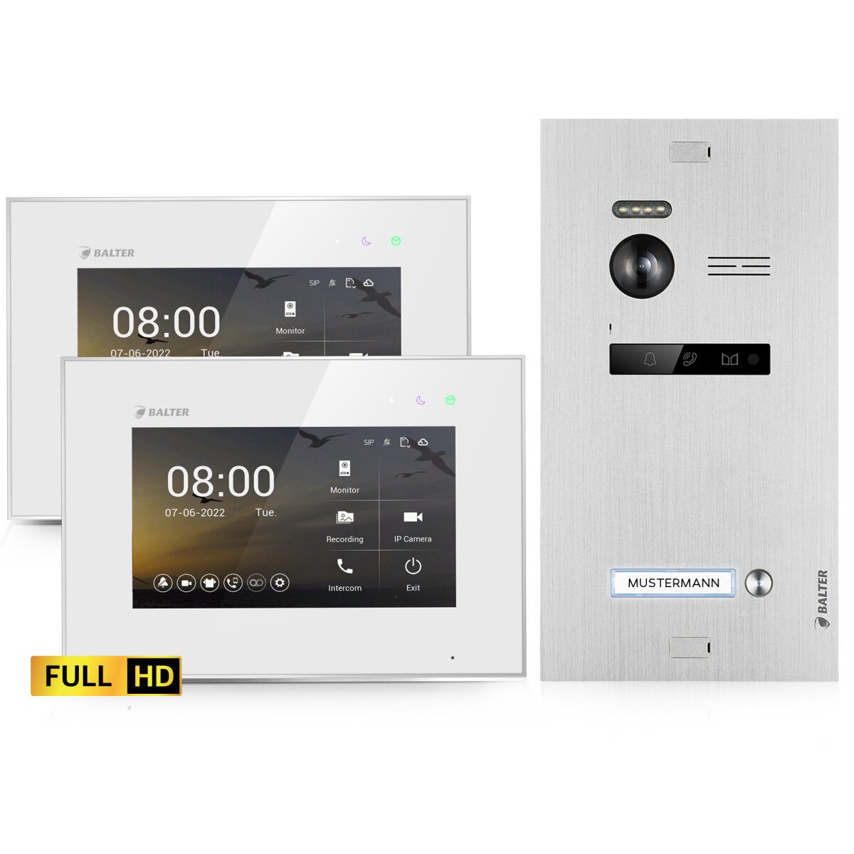 Balter Video-Türsprechanlage EVO-HD Komplettset 1-Familie Silber 2x 7" Monitore Weiß (Set, 1-Familienhaus, Komplettset, FullHD Kamera)