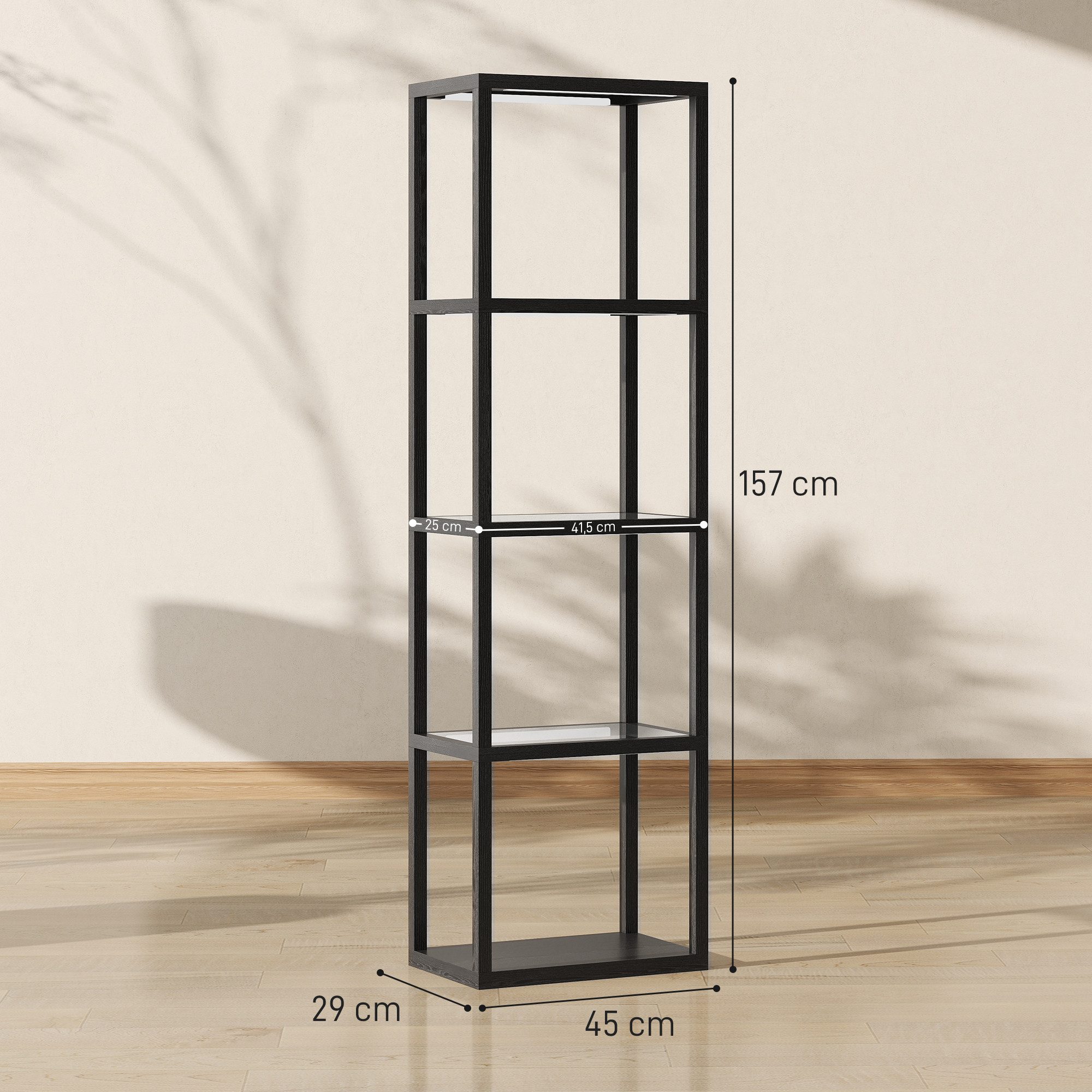 HOMCOM Stehlampe mit Glasregalen, Timer, LED fest integriert, 4-Ebenen-LED-Lampe mit Fernbedienung, Musiksynchronisation, Schwarz