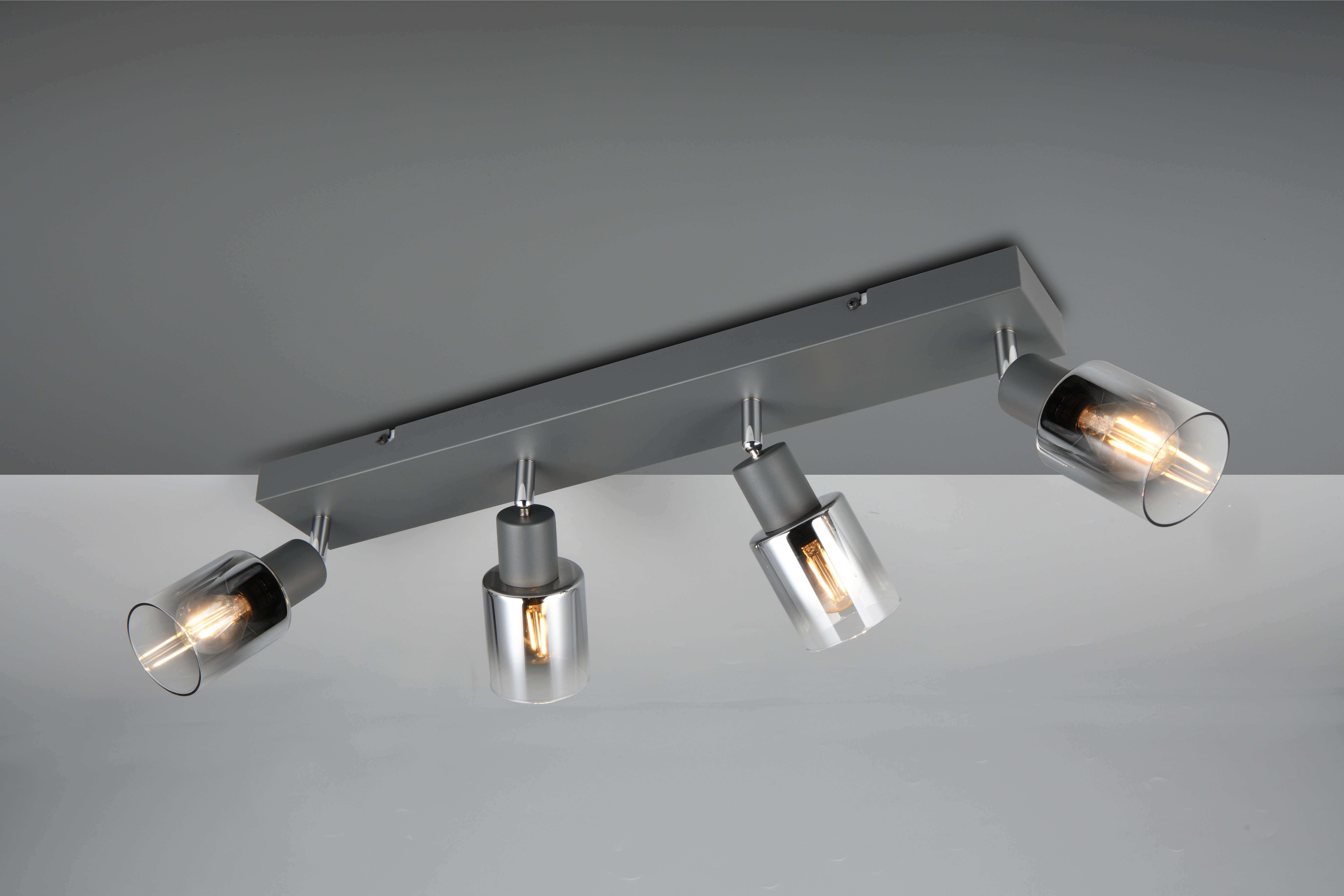 Reality Leuchten Deckenstrahler CADIZ, Spot 4-flammig, exkl 4xE14 max 10W, Glas anthrazit, verspiegelt, Leuchtmittel wechselbar, warmweiß - kaltweiß, verstellbarer Deckenspot E14 Fassung, mit Glasschirm smoke Farbverlauf