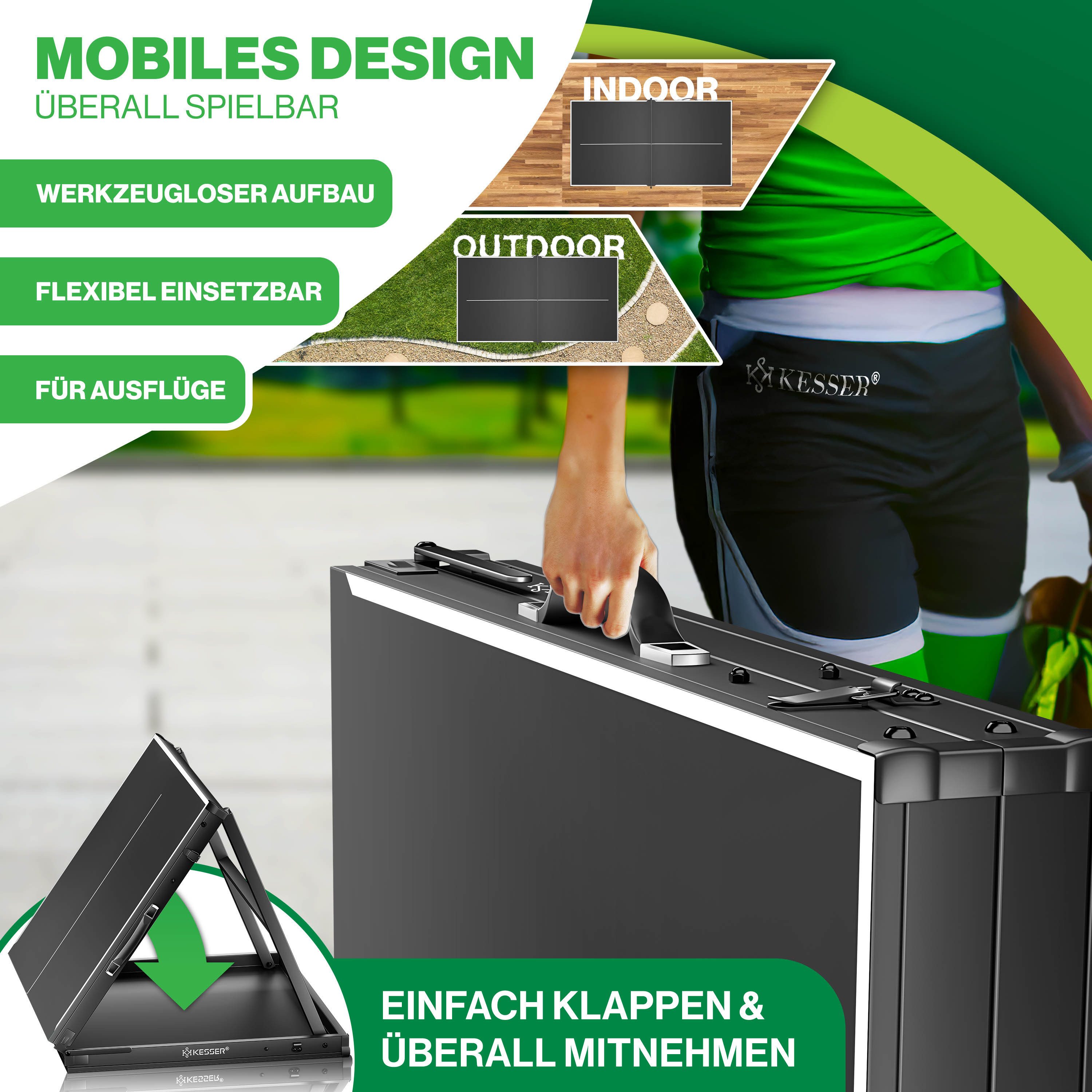 KESSER Mini-Tischtennisplatte Tischtennis Set, klappbarer Tischtennistisch (mit Netz, 2x Tischtennisschläger, 5x Tischtennisbälle & Zubehör-Tasche), In- & Outdoor geeignet