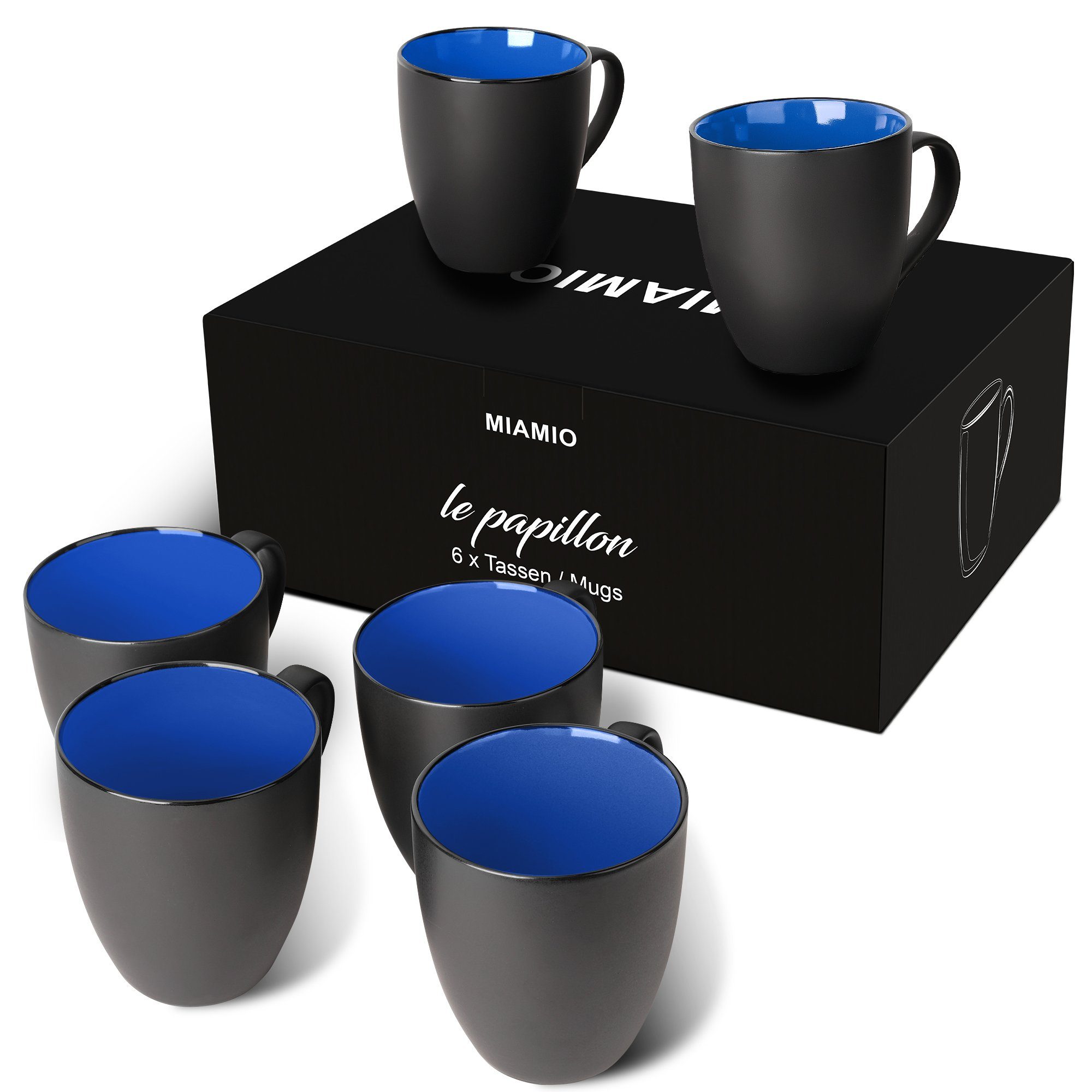 MiaMio Tasse MIAMIO - 6 x 350 ml Kaffeetassen Set Außen Schwarz Innen Farbig