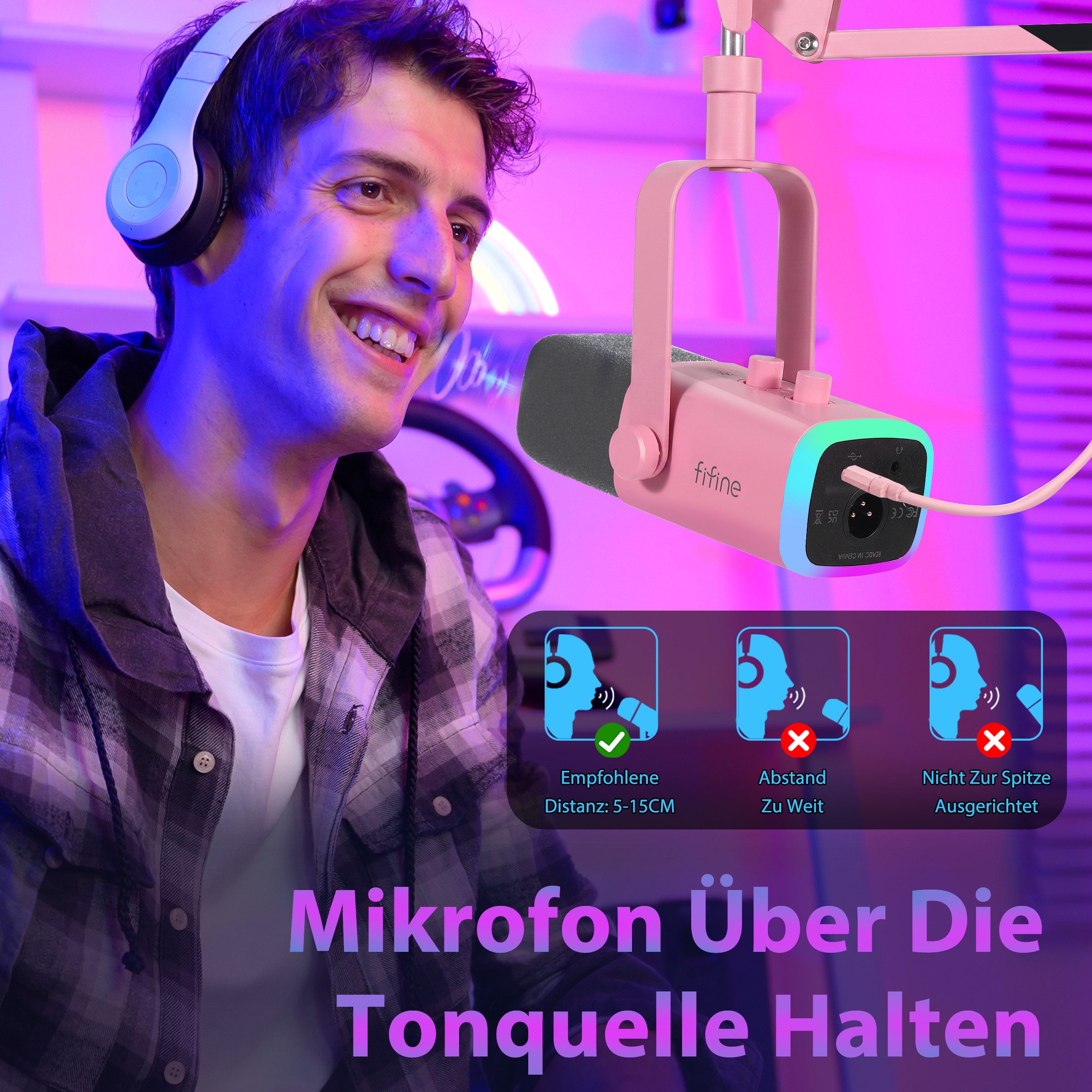 FIFINE Mikrofon XLR Streaming Mikrofon mit Arm für Podcast Studio Gaming Mikrofon, USB Dynamisch Microphone Gaming PC mit Stummschalttaste – Bild 4 von 5