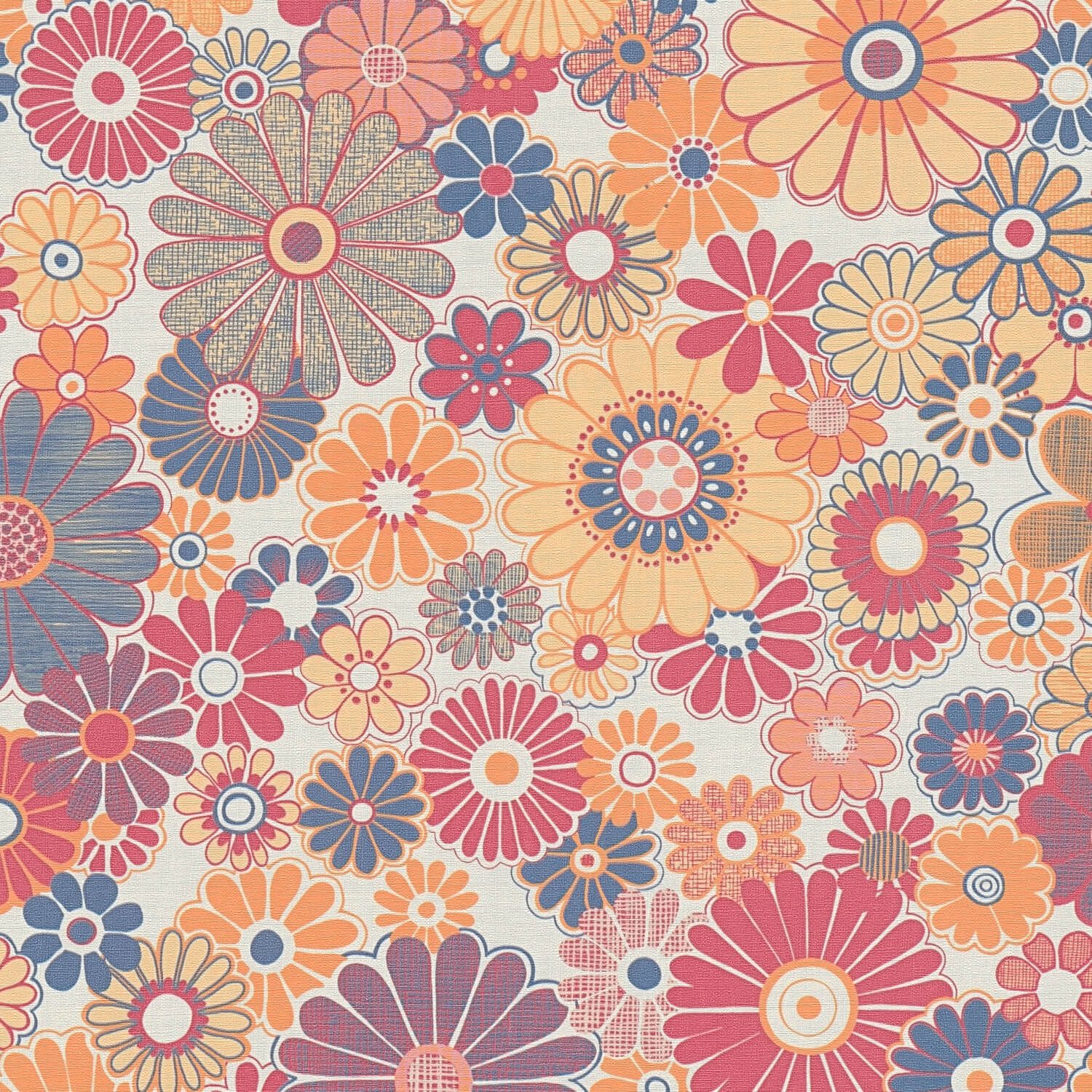 Profhome Vliestapete 395354-GU Retro Tapete Blumen matt rot ocker-gelb blau, geprägt, (1 Rolle, 4,51 qm), heißgeprägte Vliestapete, rot