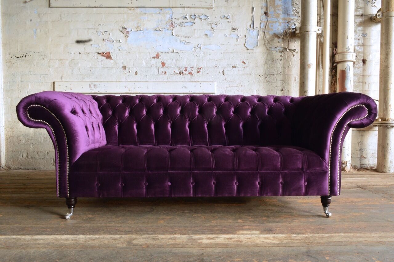 JVmoebel Chesterfield-Sofa Lila Samt Sofa mit Chesterfield-Design und Wellenunterfederung, Packung, Made in Europa