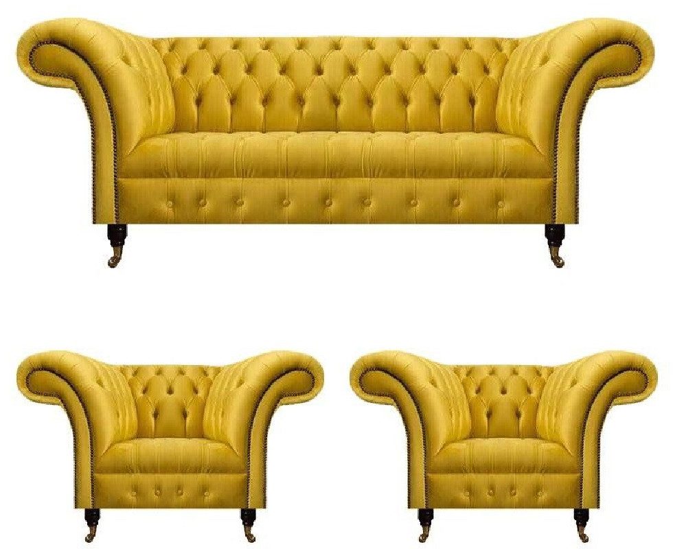 Xlmoebel Chesterfield-Sofa Gelbe Chesterfield Sofagarnitur aus hochwertigem Stoff, Hergestellt in Europa