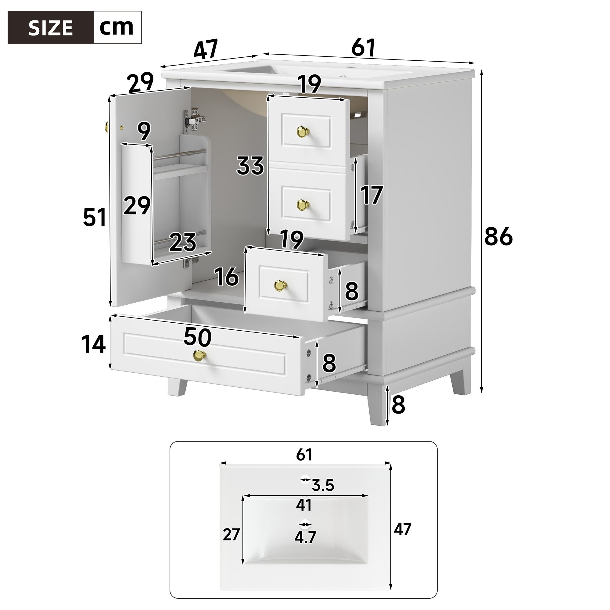 Flieks Waschtisch mit 3 Schubladen und Türregal, Waschbeckenunterschrank mit Waschbecken (B61/T47/H86 cm, 1-St., bodenstehend), Badezimmerschrank mit Keramikbec – Bild 5 von 5