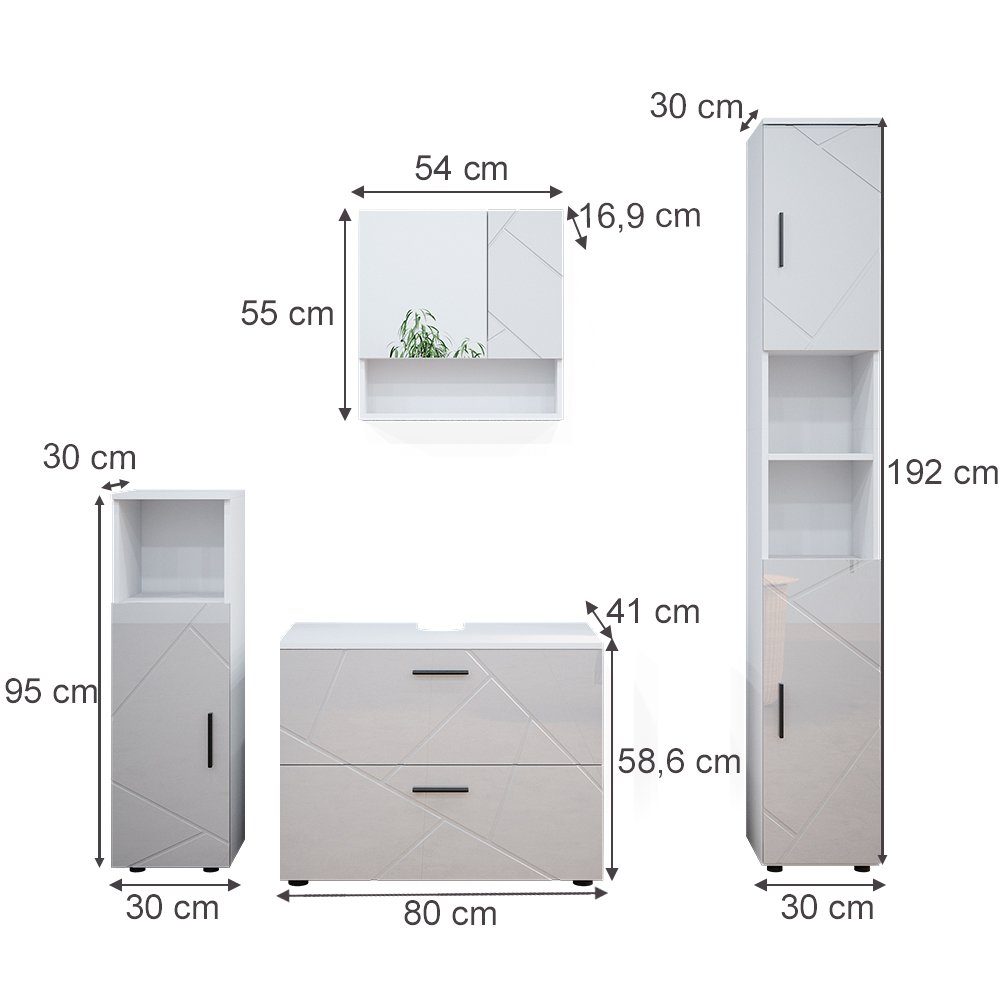 Vicco Badmöbel-Set Irma, Weiß Hochglanz, 4 Teile, mit Schubladenschrank und Hochschrank, (4-St., 4er Set)