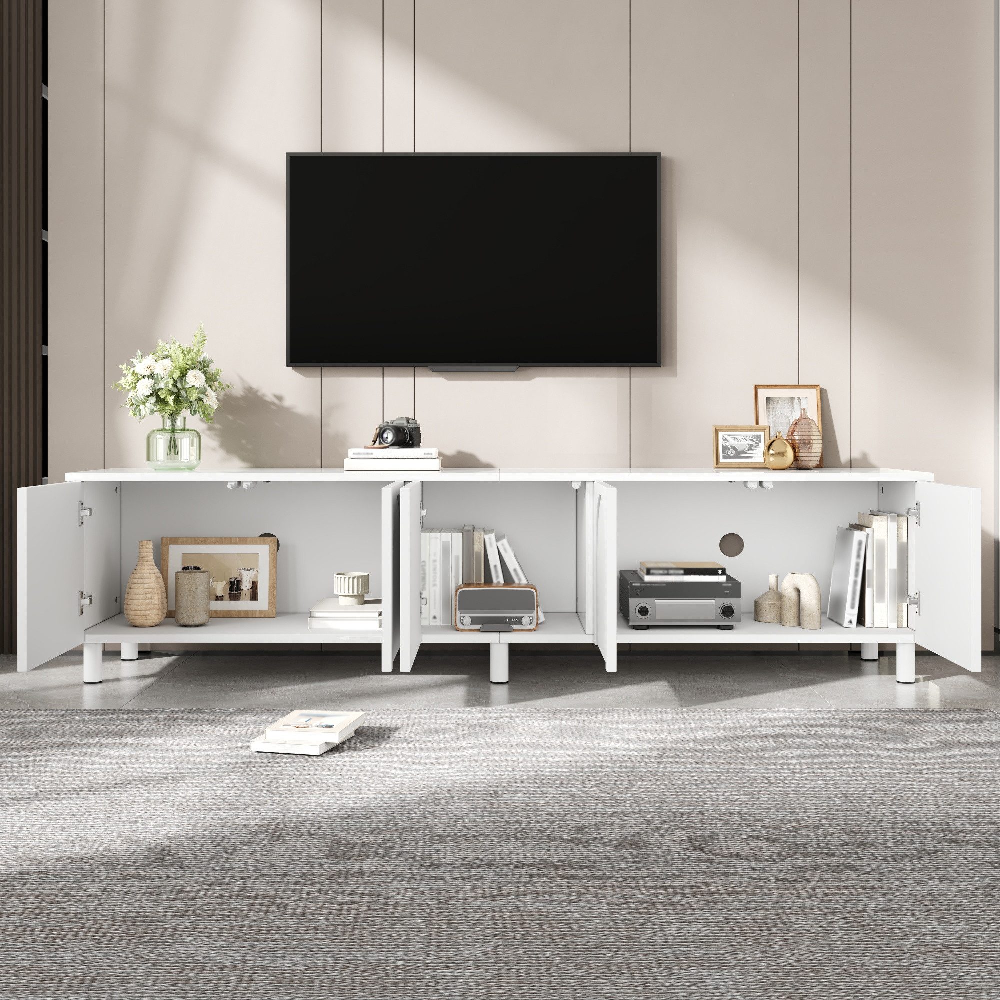 Merax Lowboard Fernsehtisch mit geschwungenem Design (180 x 38 x 45 cm (L x B x H), 1 St), TV-Schrank mit 5 Türen, Metallfüßen & Kabeldurchlass – Bild 2 von 5