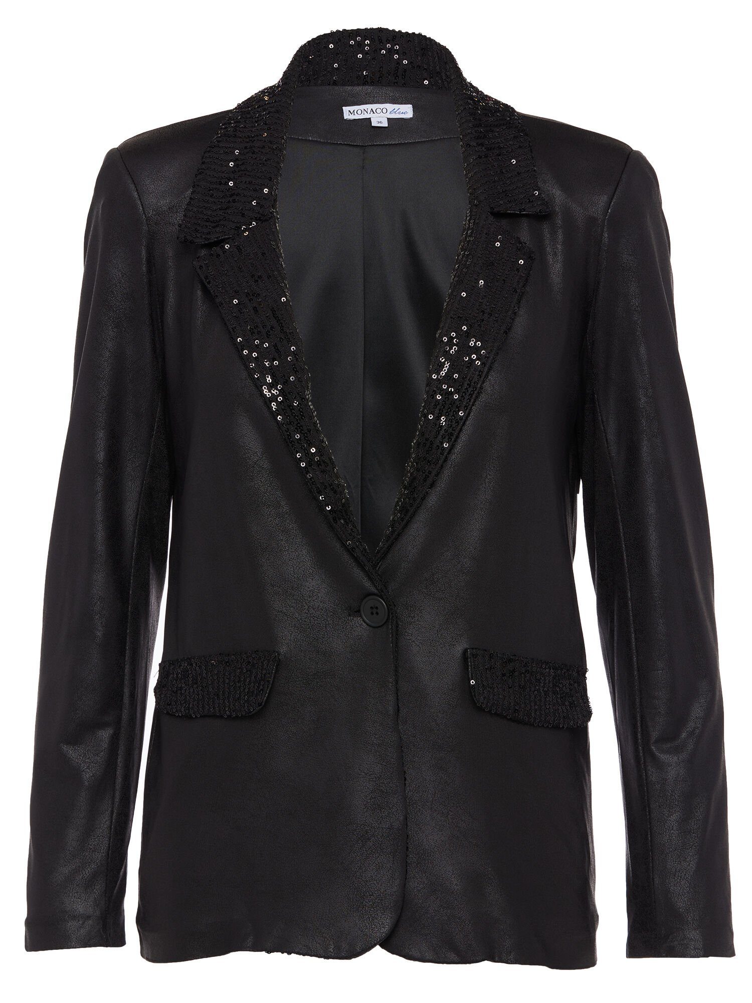 MONACO blue Jackenblazer Lederjacke koerpernah mit Pailletenverzierung