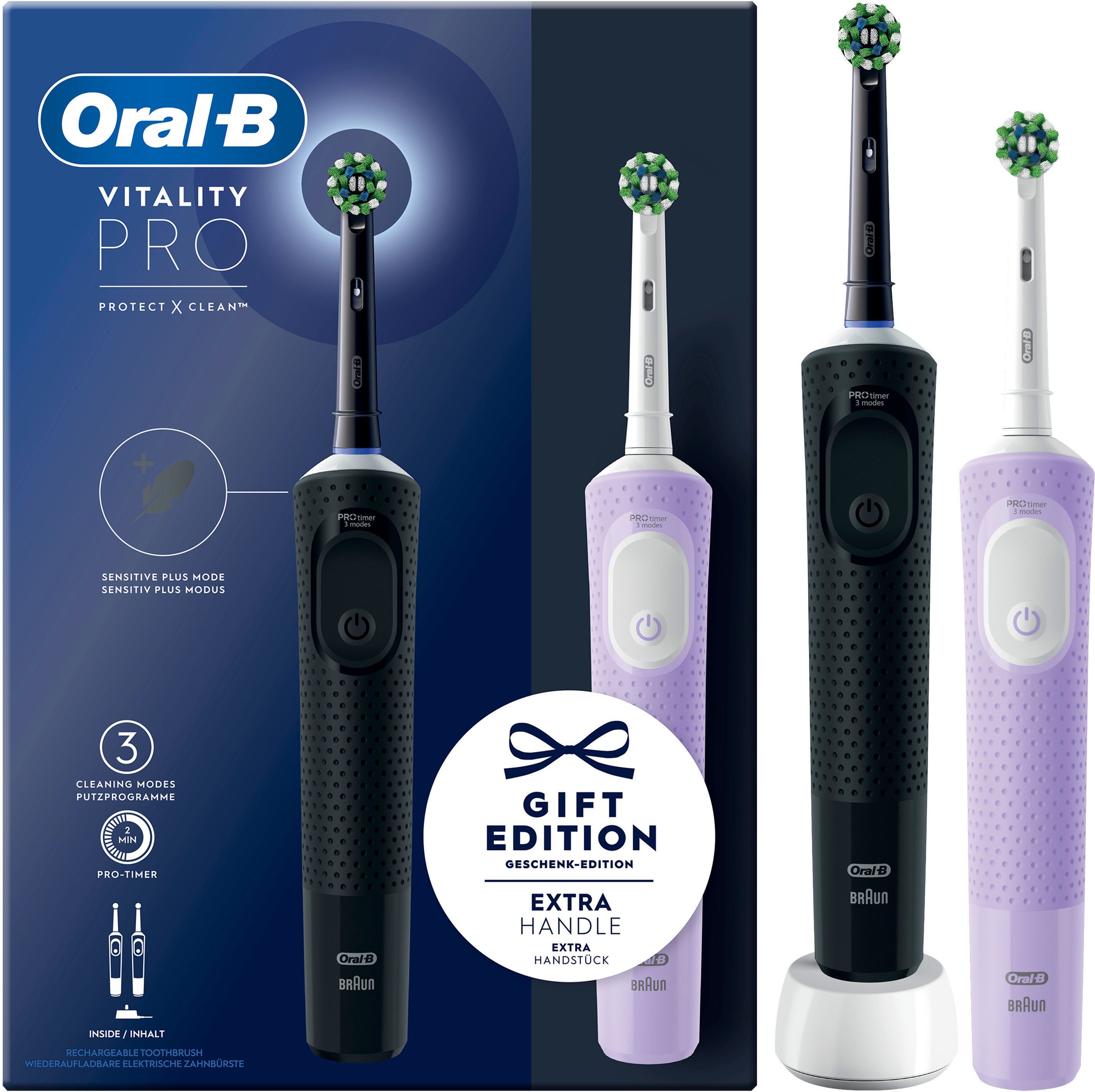 Oral-B Elektrische Zahnbürste Vitality Pro, Aufsteckbürsten: 2 St., 3  Putzmodi, Doppelpack, Die unverzichtbare Zahnbürste für eine bessere und  sanftere Reinigung