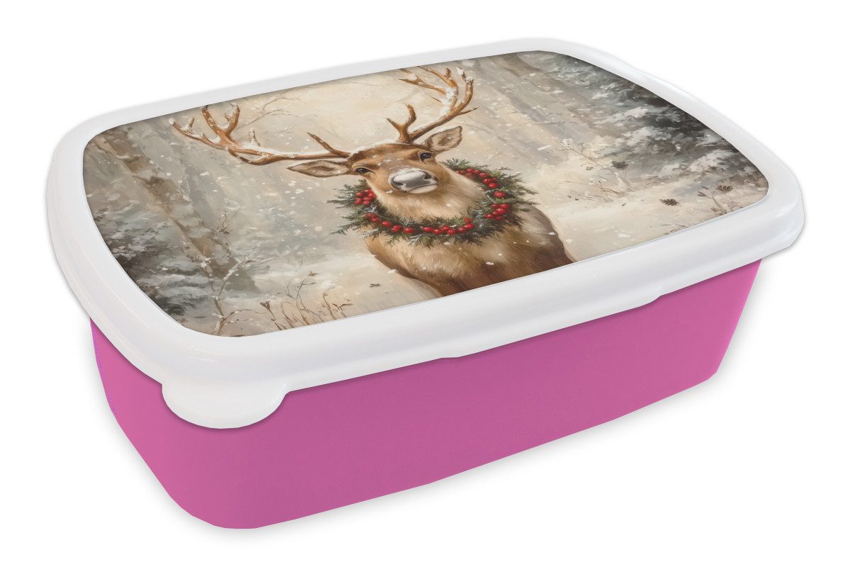 MuchoWow Lunchbox Weihnachten - Rentier - Winter - Kranz, Kunststoff, (2-tlg), Brotdosen, Lunch Box, Brotbox für Kinder und Erwachsene