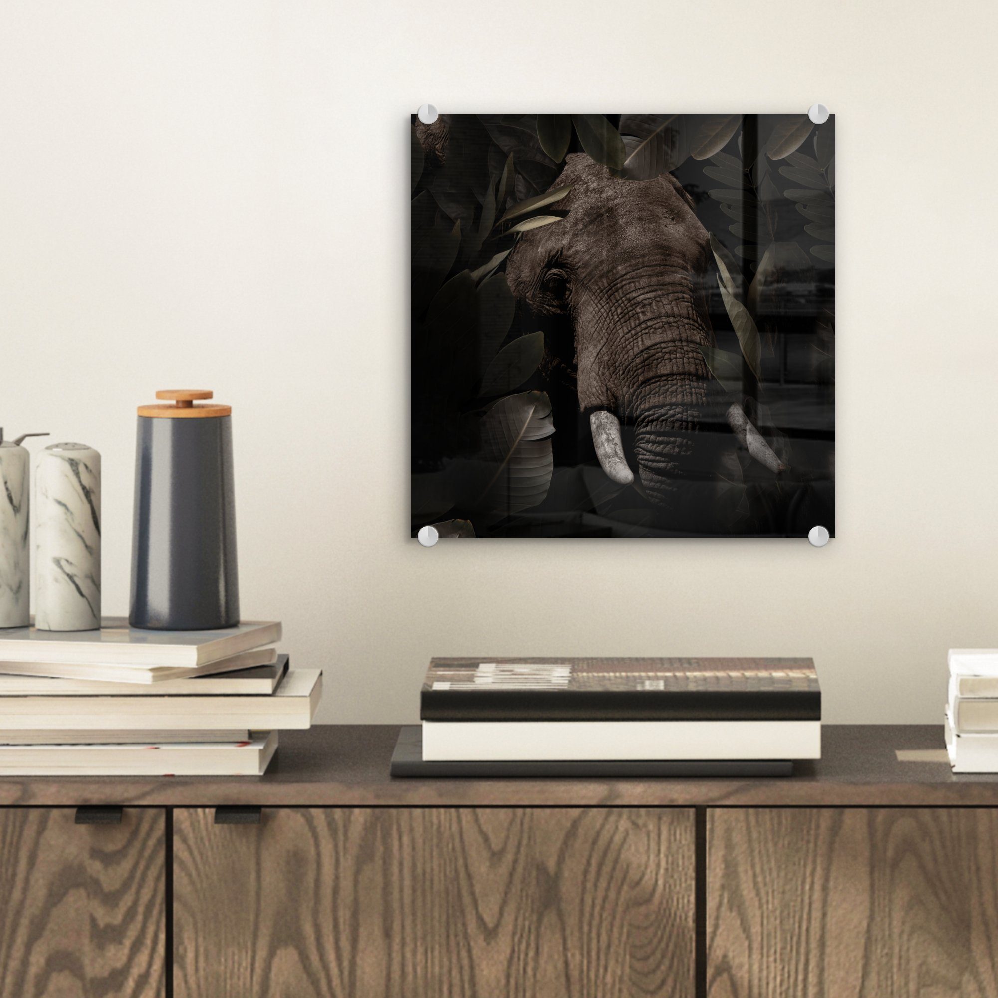 auf Bilder Botanisch, Blätter - Glasbilder - Elefant (1 Glas Glas Tiere - Acrylglasbild auf - St), - Foto - Wanddekoration Wandbild MuchoWow